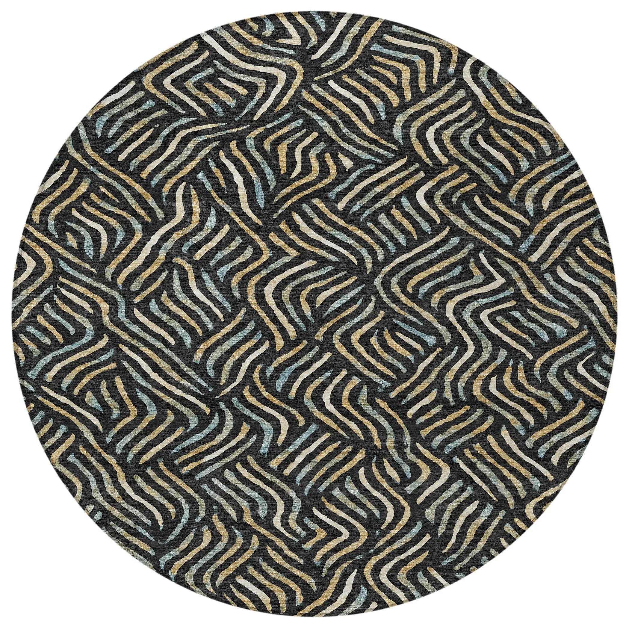 8' Black And Beige Round Abstract Washable Indoor Outdoor Area Rug Homeroots Outdoor