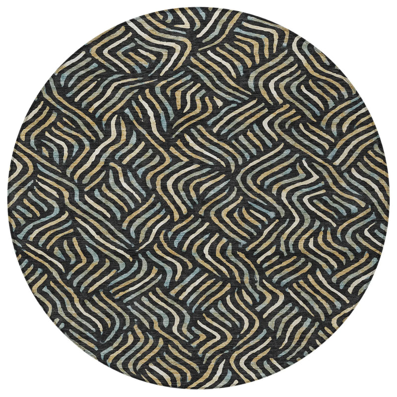 8' Black And Beige Round Abstract Washable Indoor Outdoor Area Rug Homeroots Outdoor
