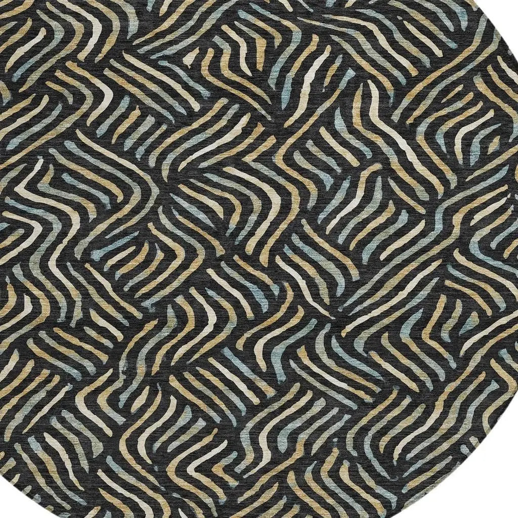 8' Black And Beige Round Abstract Washable Indoor Outdoor Area Rug Homeroots Outdoor