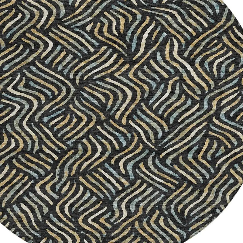 8' Black And Beige Round Abstract Washable Indoor Outdoor Area Rug Homeroots Outdoor