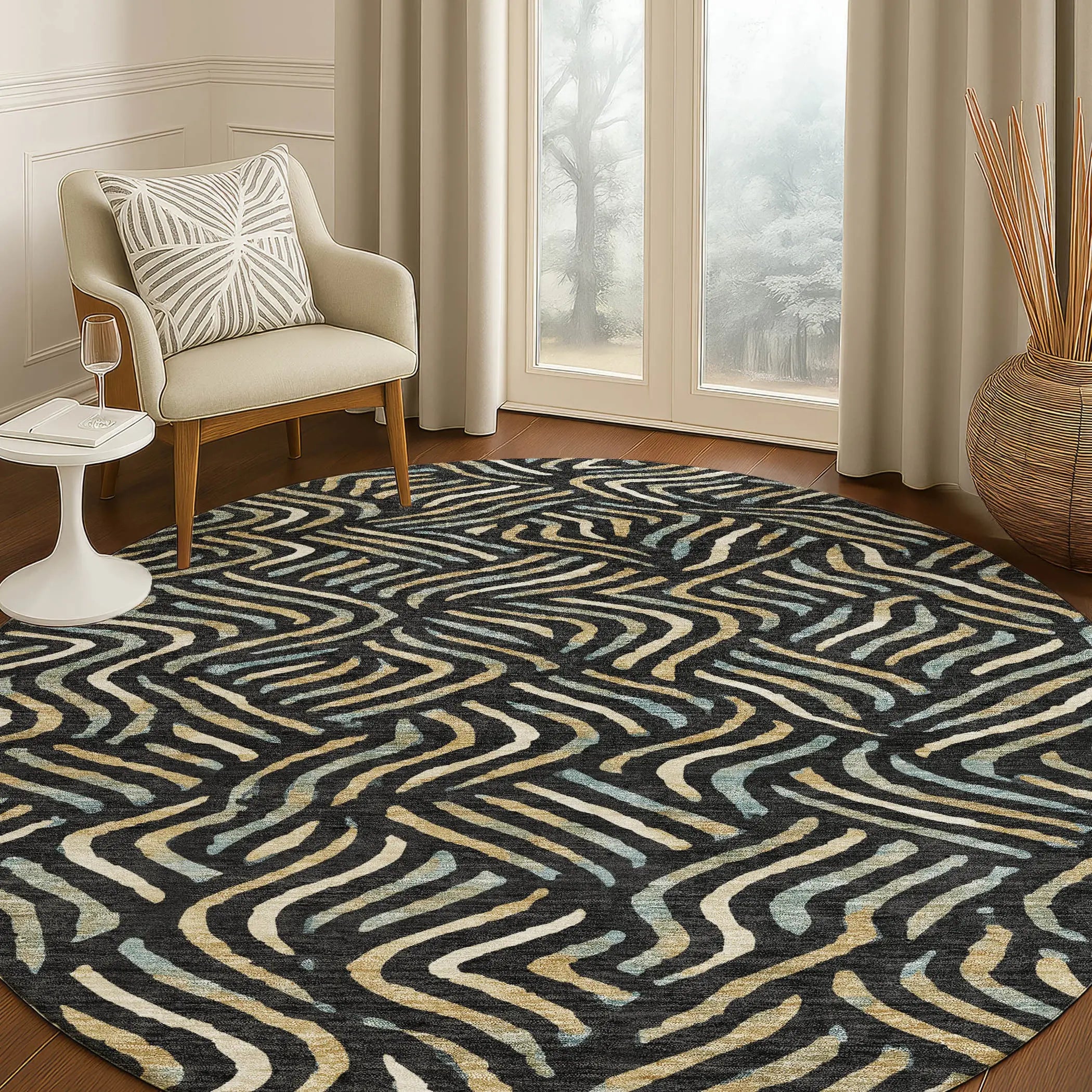 8' Black And Beige Round Abstract Washable Indoor Outdoor Area Rug Homeroots Outdoor