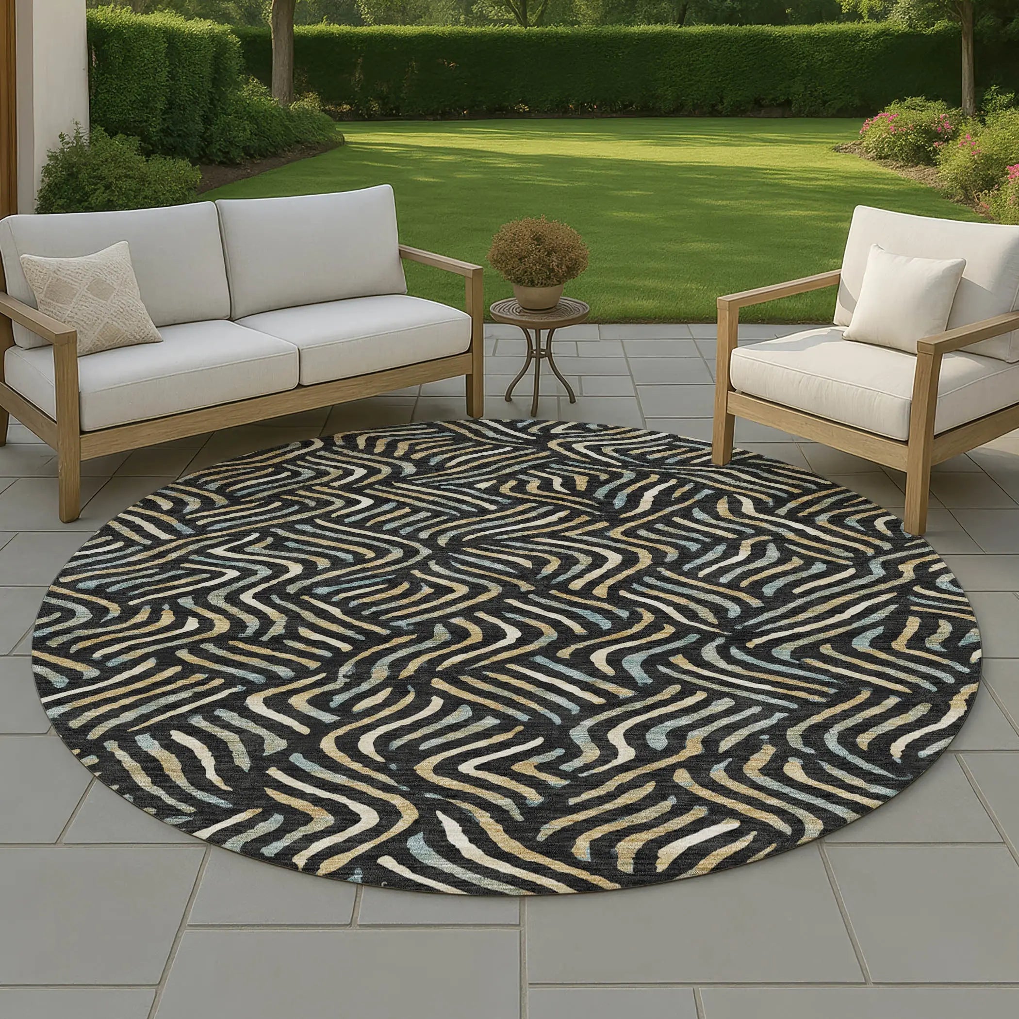 8' Black And Beige Round Abstract Washable Indoor Outdoor Area Rug Homeroots Outdoor
