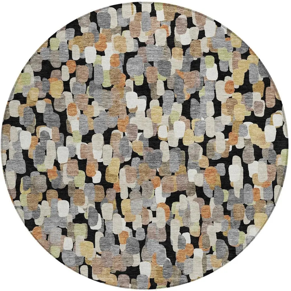 8' Black And Beige Round Abstract Washable Indoor Outdoor Area Rug Homeroots Outdoor