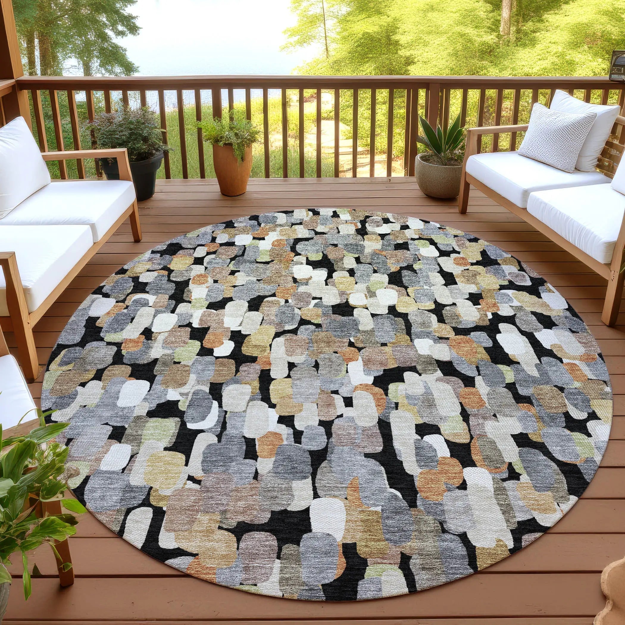 8' Black And Beige Round Abstract Washable Indoor Outdoor Area Rug Homeroots Outdoor
