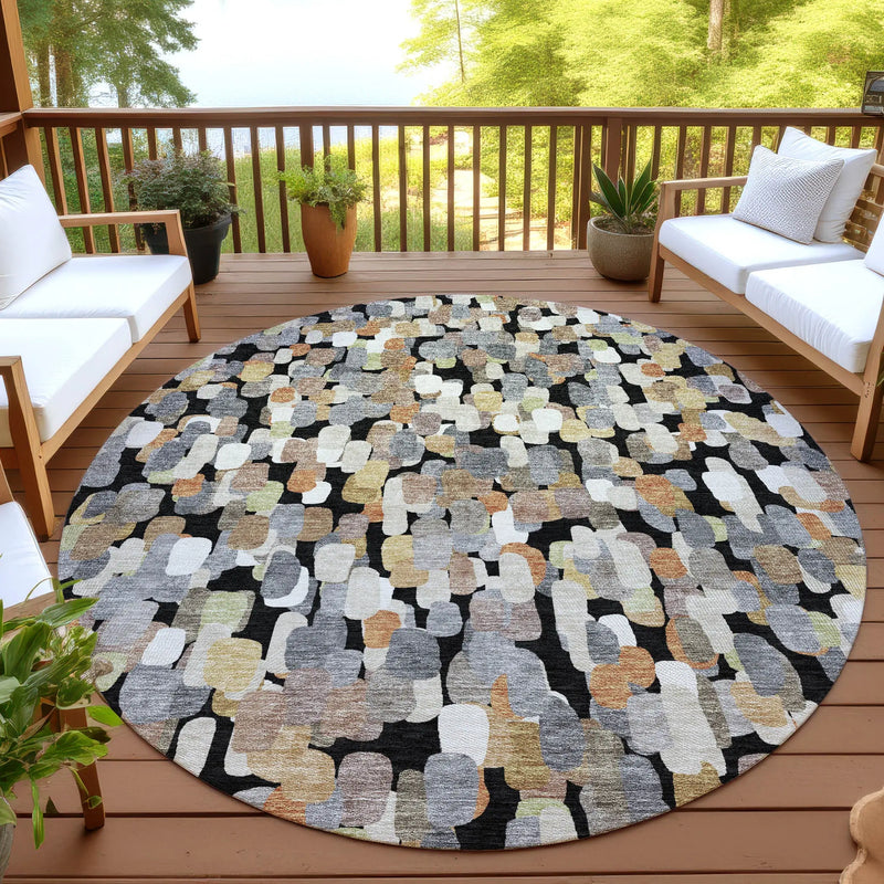 8' Black And Beige Round Abstract Washable Indoor Outdoor Area Rug Homeroots Outdoor