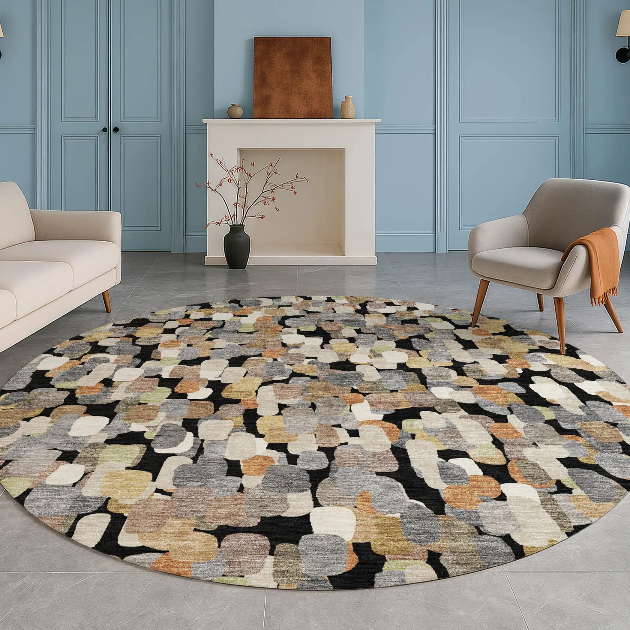 8' Black And Beige Round Abstract Washable Indoor Outdoor Area Rug Homeroots Outdoor