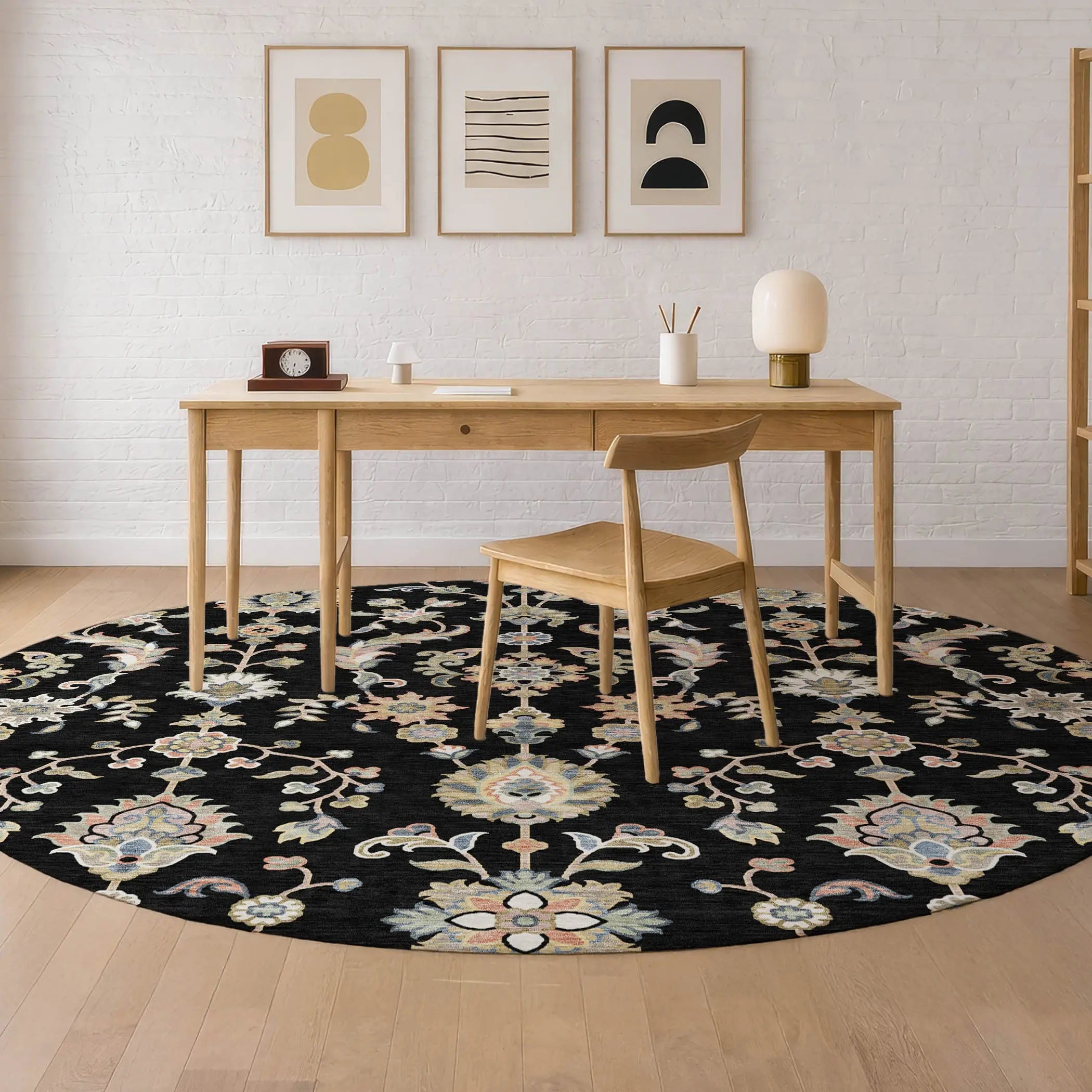 8' Black And Beige Round Abstract Washable Indoor Outdoor Area Rug Homeroots Outdoor