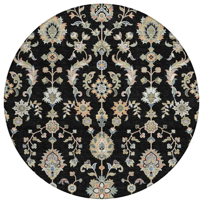 8' Black And Beige Round Abstract Washable Indoor Outdoor Area Rug Homeroots Outdoor