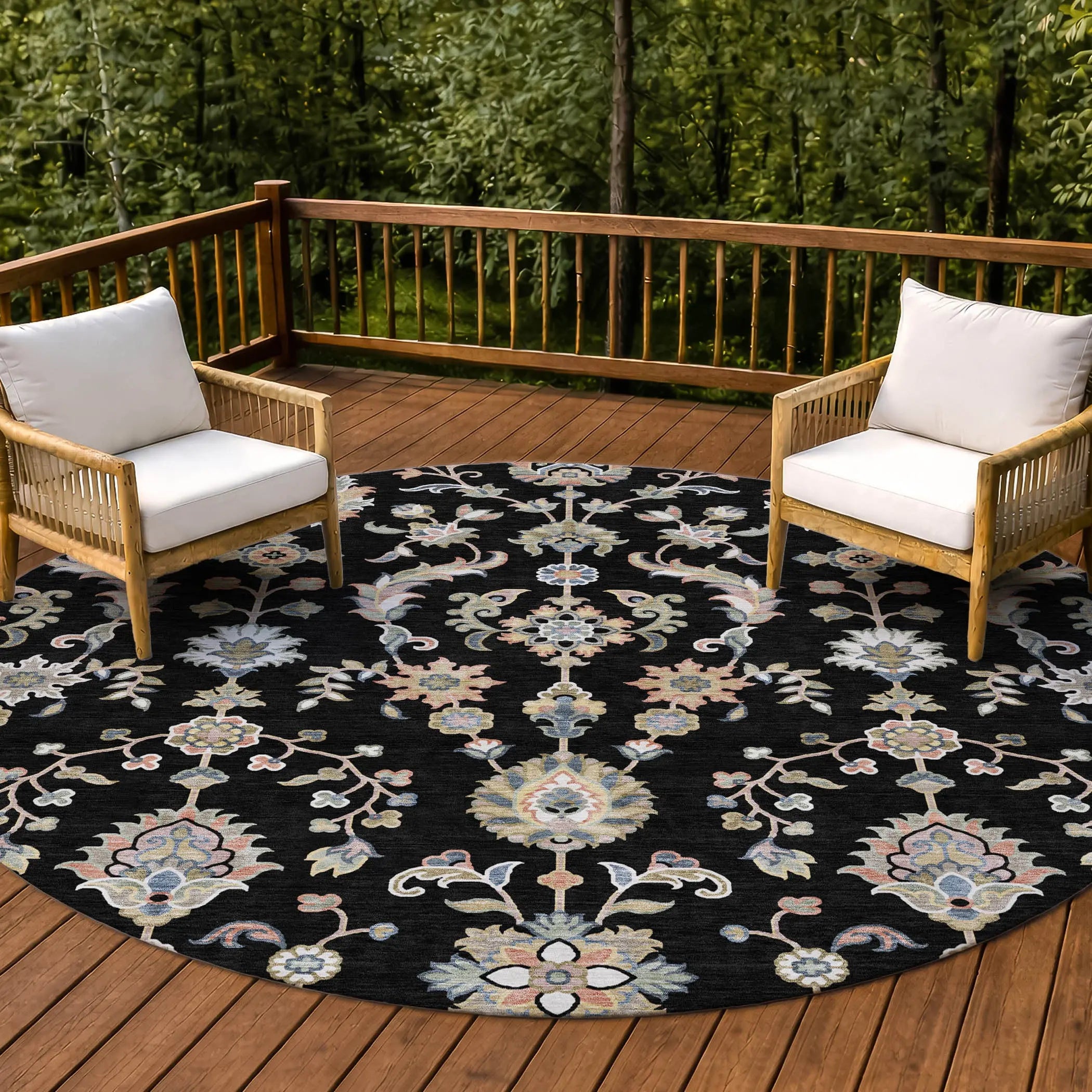 8' Black And Beige Round Abstract Washable Indoor Outdoor Area Rug Homeroots Outdoor