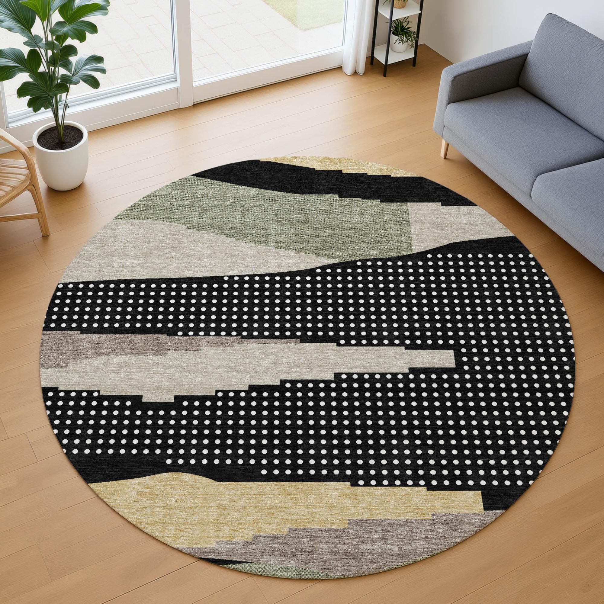 8' Black And Beige Round Abstract Washable Indoor Outdoor Area Rug Homeroots Outdoor