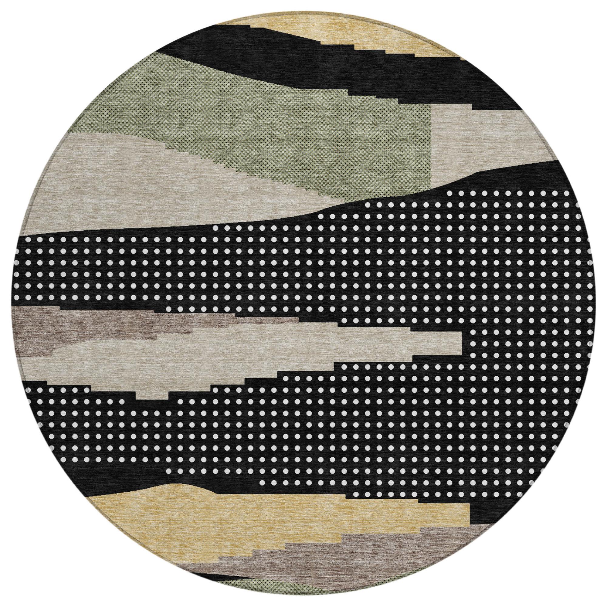 8' Black And Beige Round Abstract Washable Indoor Outdoor Area Rug Homeroots Outdoor