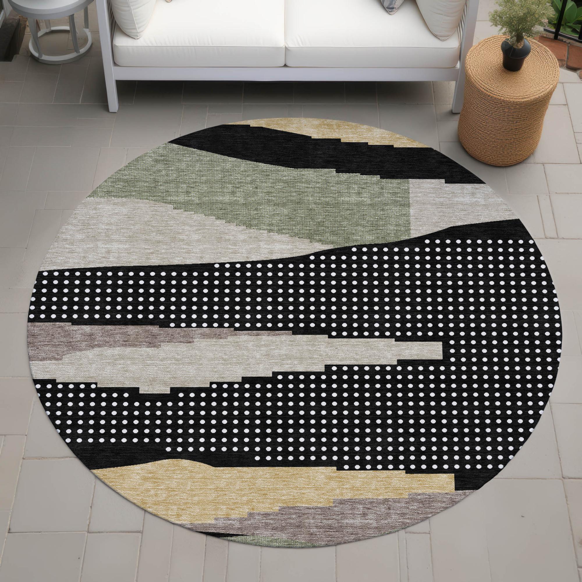 8' Black And Beige Round Abstract Washable Indoor Outdoor Area Rug Homeroots Outdoor