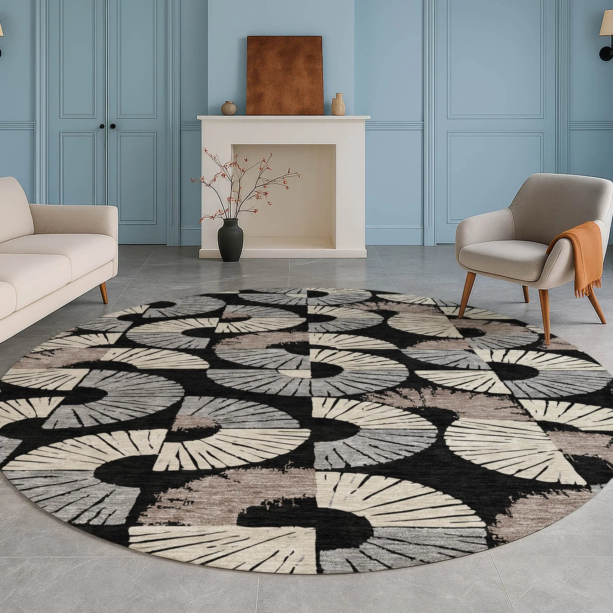 8' Black And Beige Round Geometric Washable Indoor Outdoor Area Rug Homeroots Outdoor