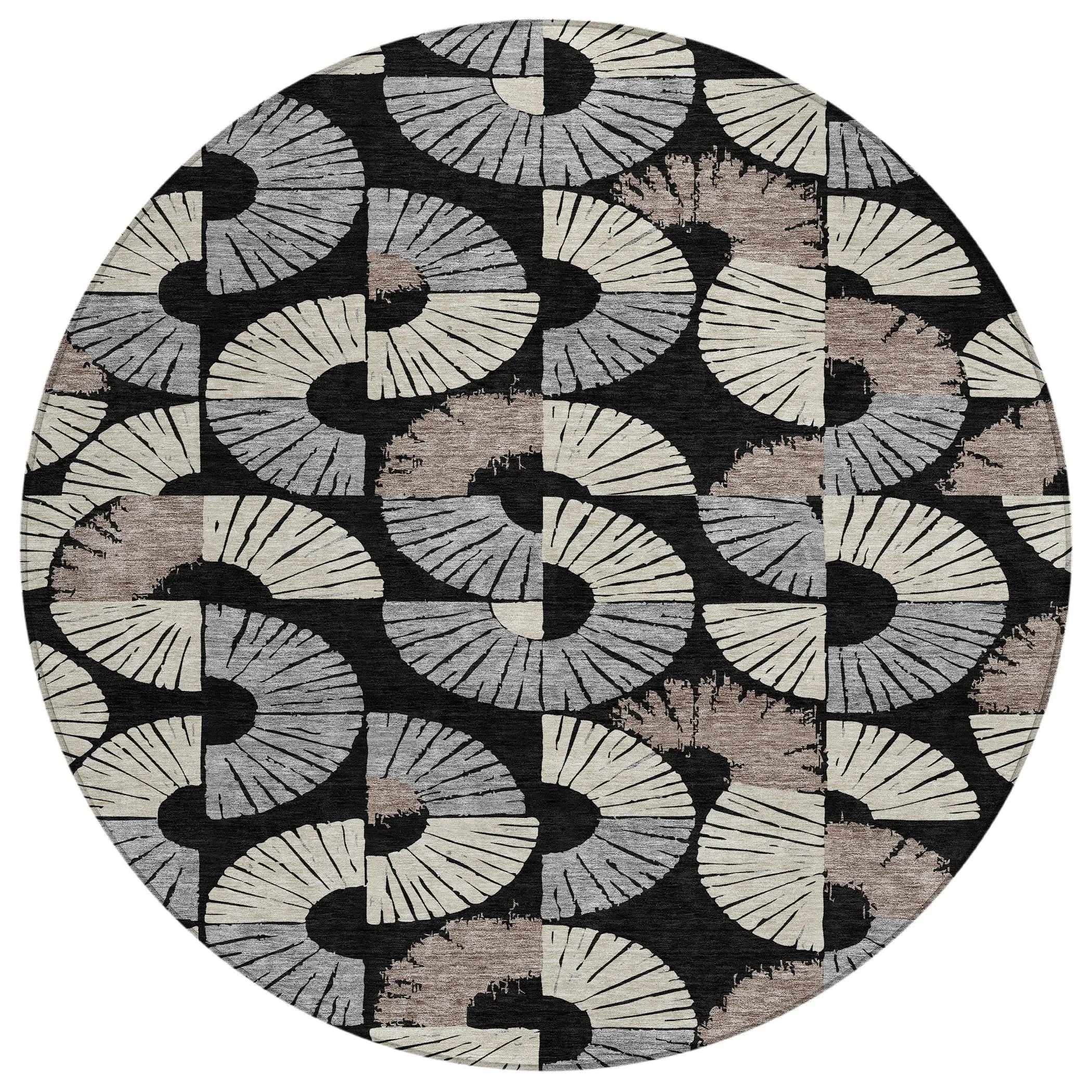8' Black And Beige Round Geometric Washable Indoor Outdoor Area Rug Homeroots Outdoor