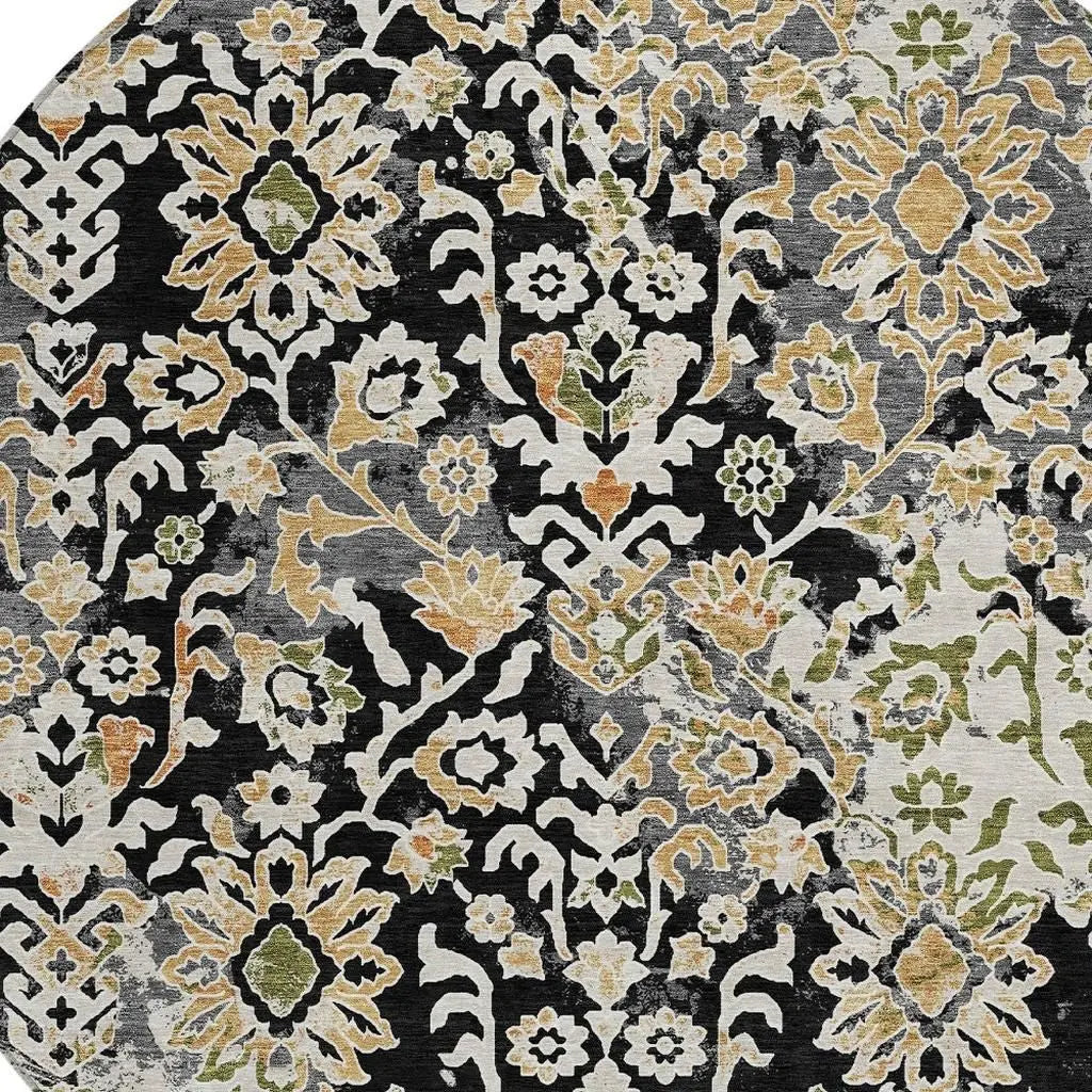 8' Black And Beige Round Geometric Washable Indoor Outdoor Area Rug Homeroots Outdoor