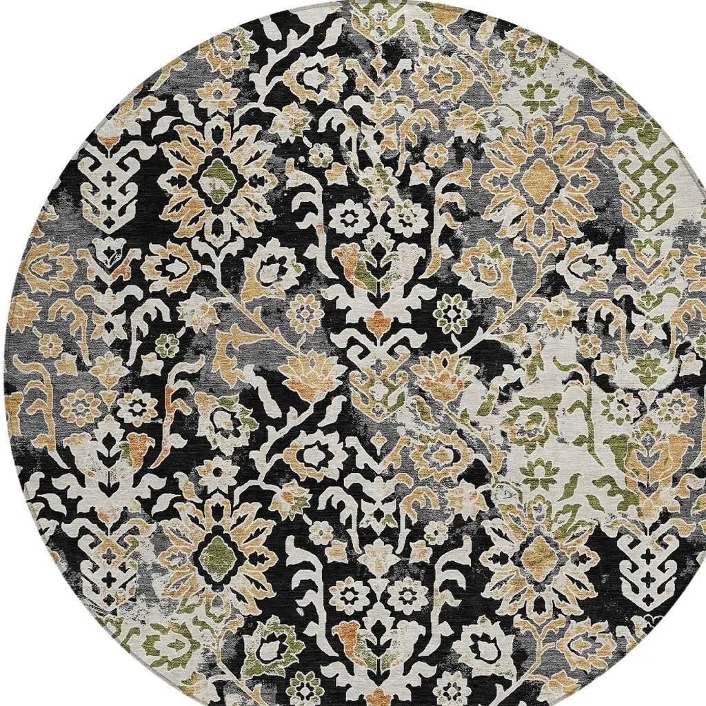 8' Black And Beige Round Geometric Washable Indoor Outdoor Area Rug Homeroots Outdoor