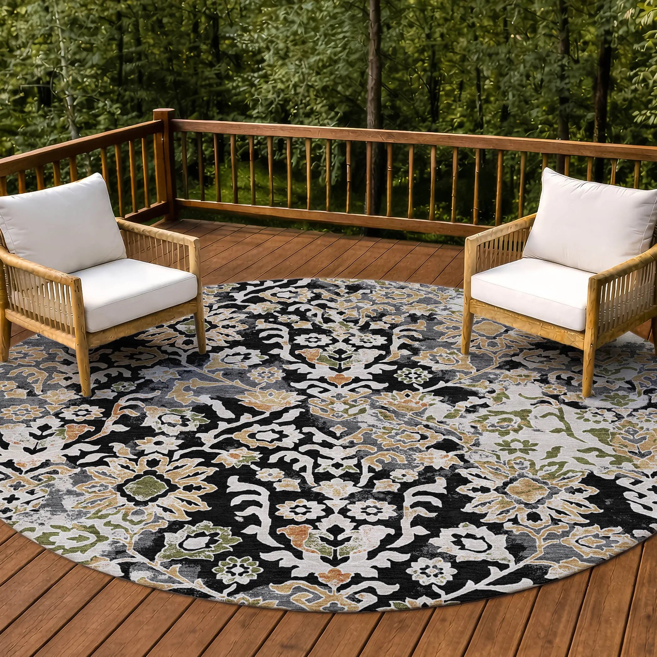 8' Black And Beige Round Geometric Washable Indoor Outdoor Area Rug Homeroots Outdoor