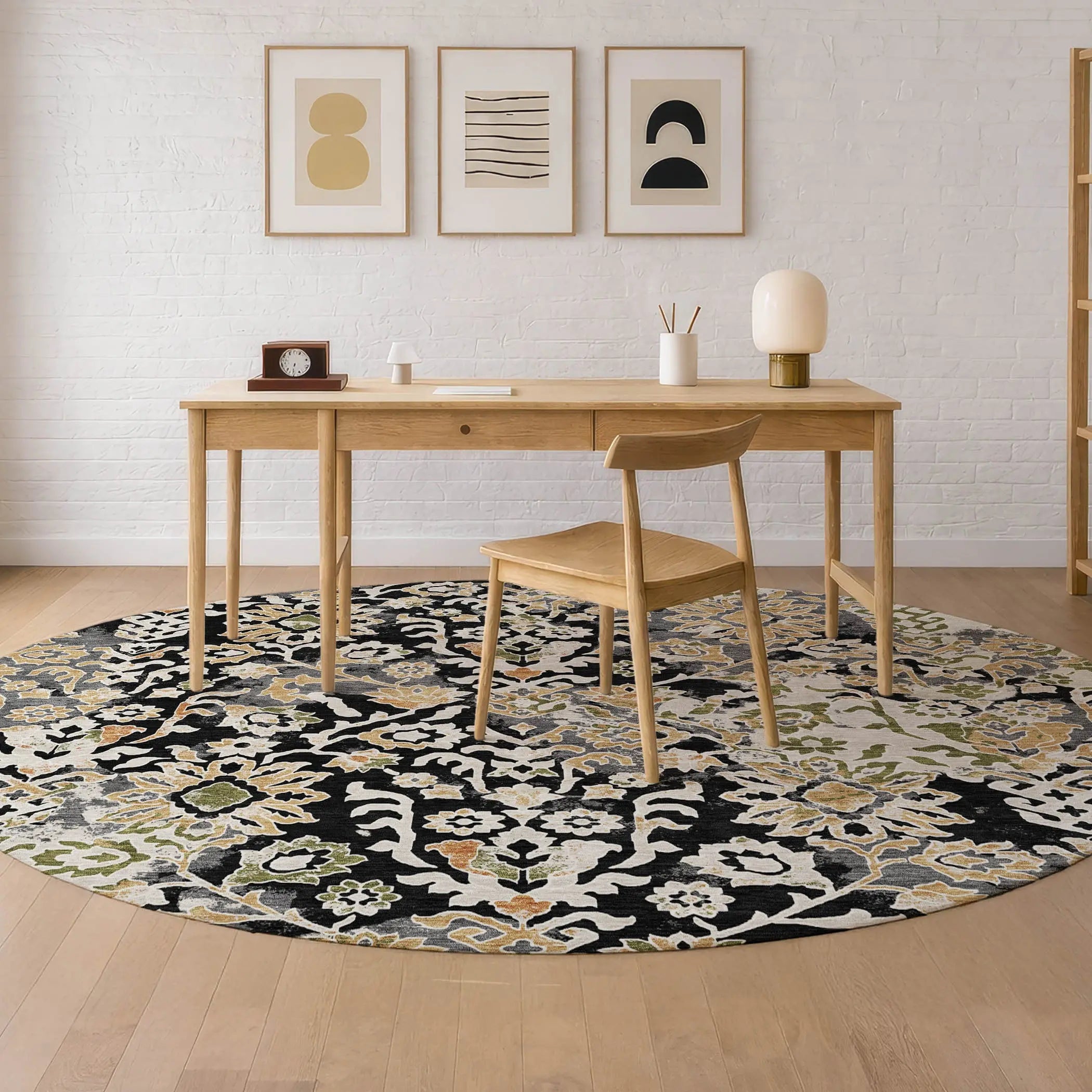 8' Black And Beige Round Geometric Washable Indoor Outdoor Area Rug Homeroots Outdoor