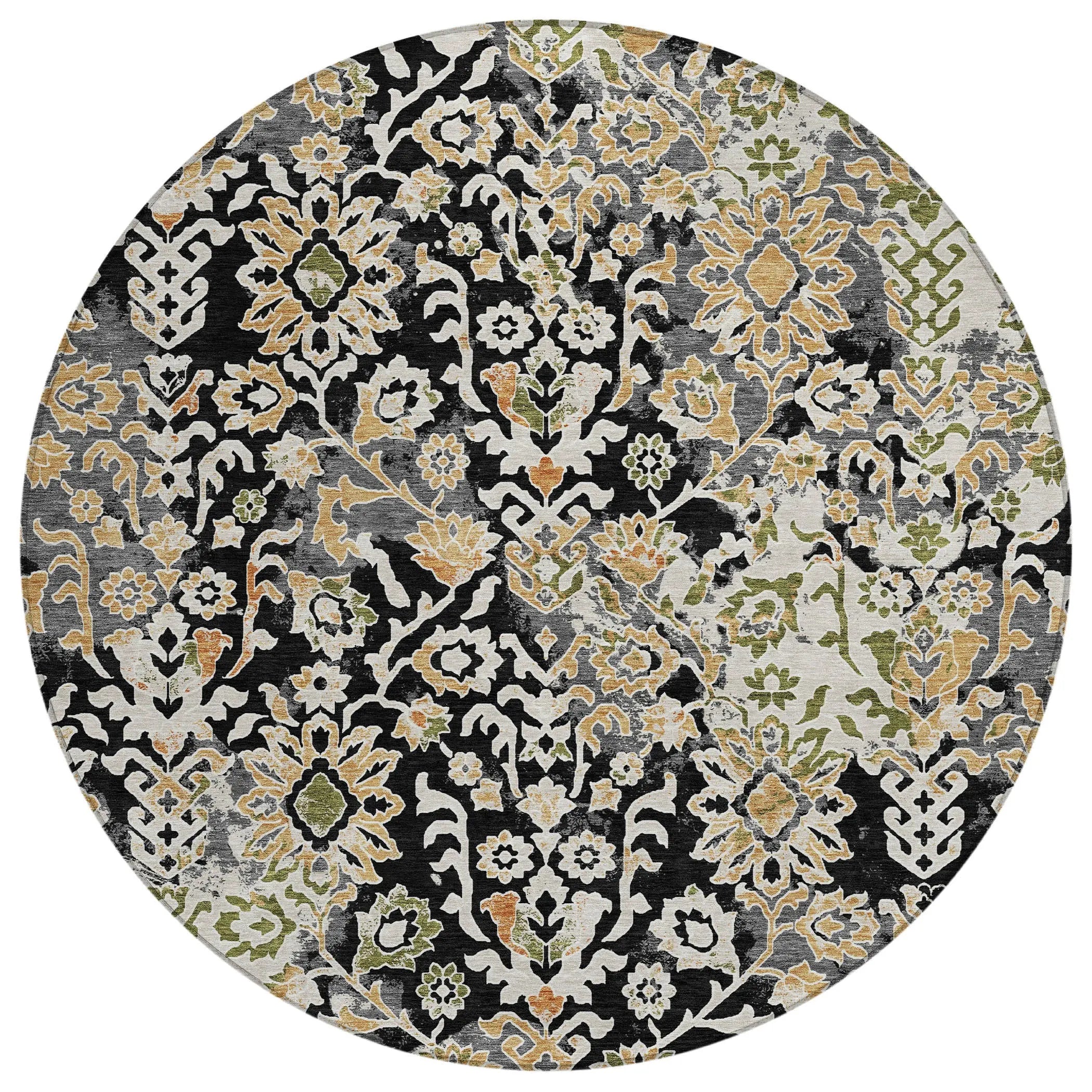 8' Black And Beige Round Geometric Washable Indoor Outdoor Area Rug Homeroots Outdoor