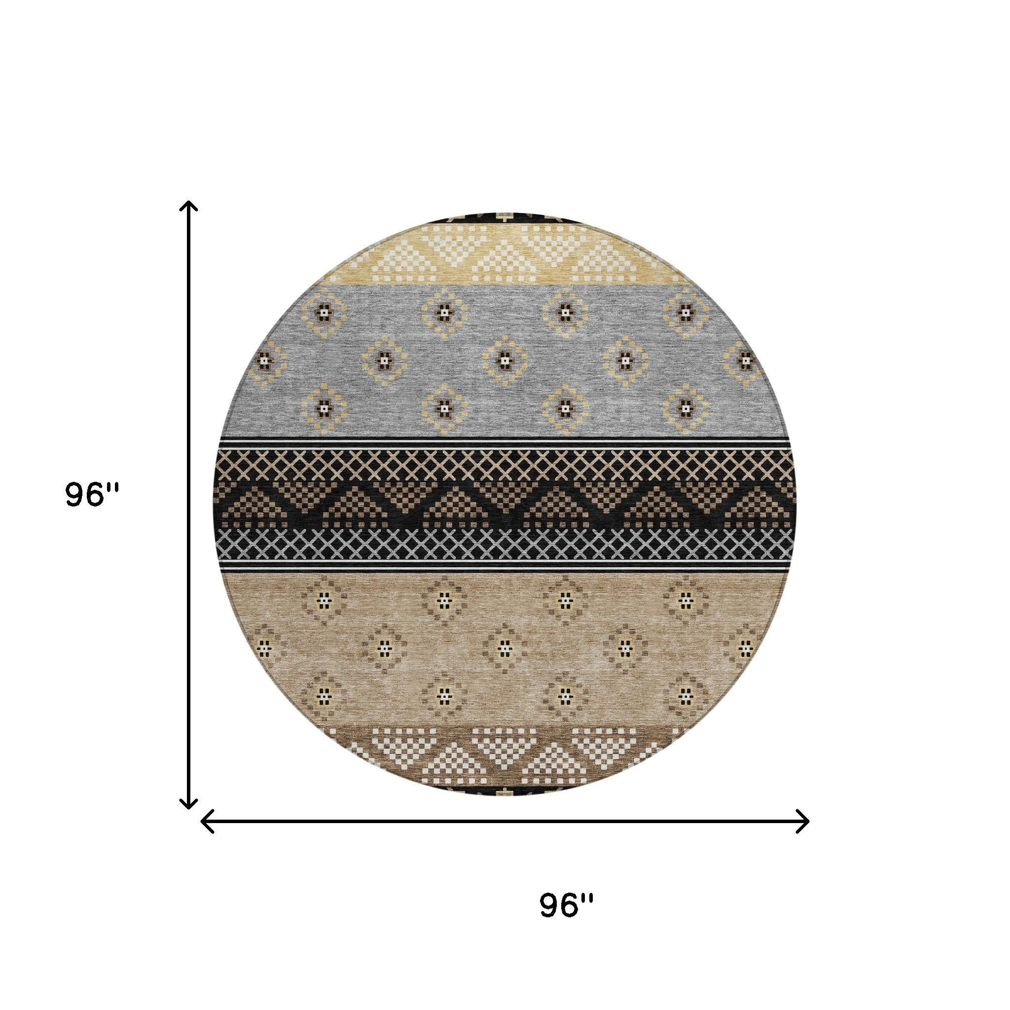 8' Black And Beige Round Striped Washable Indoor Outdoor Area Rug Homeroots Outdoor