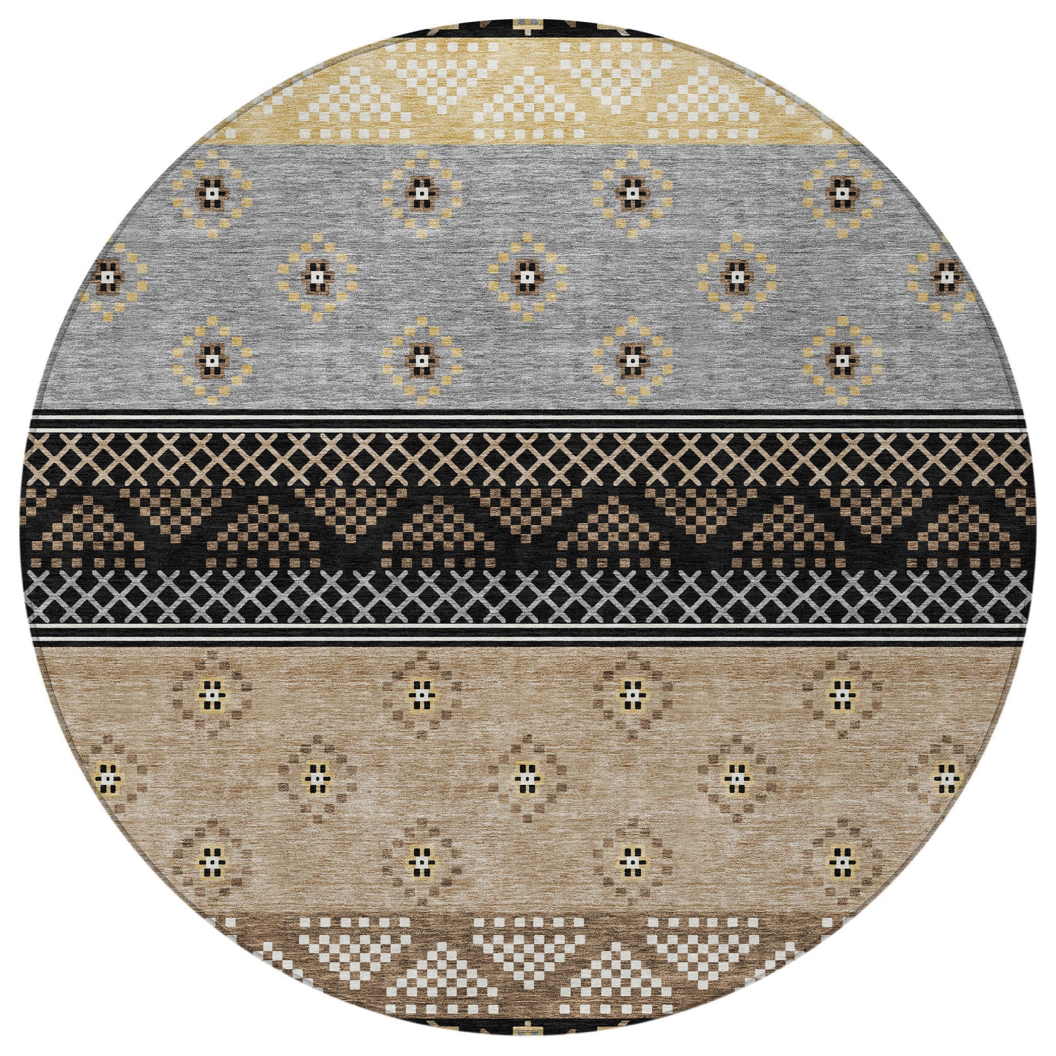 8' Black And Beige Round Striped Washable Indoor Outdoor Area Rug Homeroots Outdoor