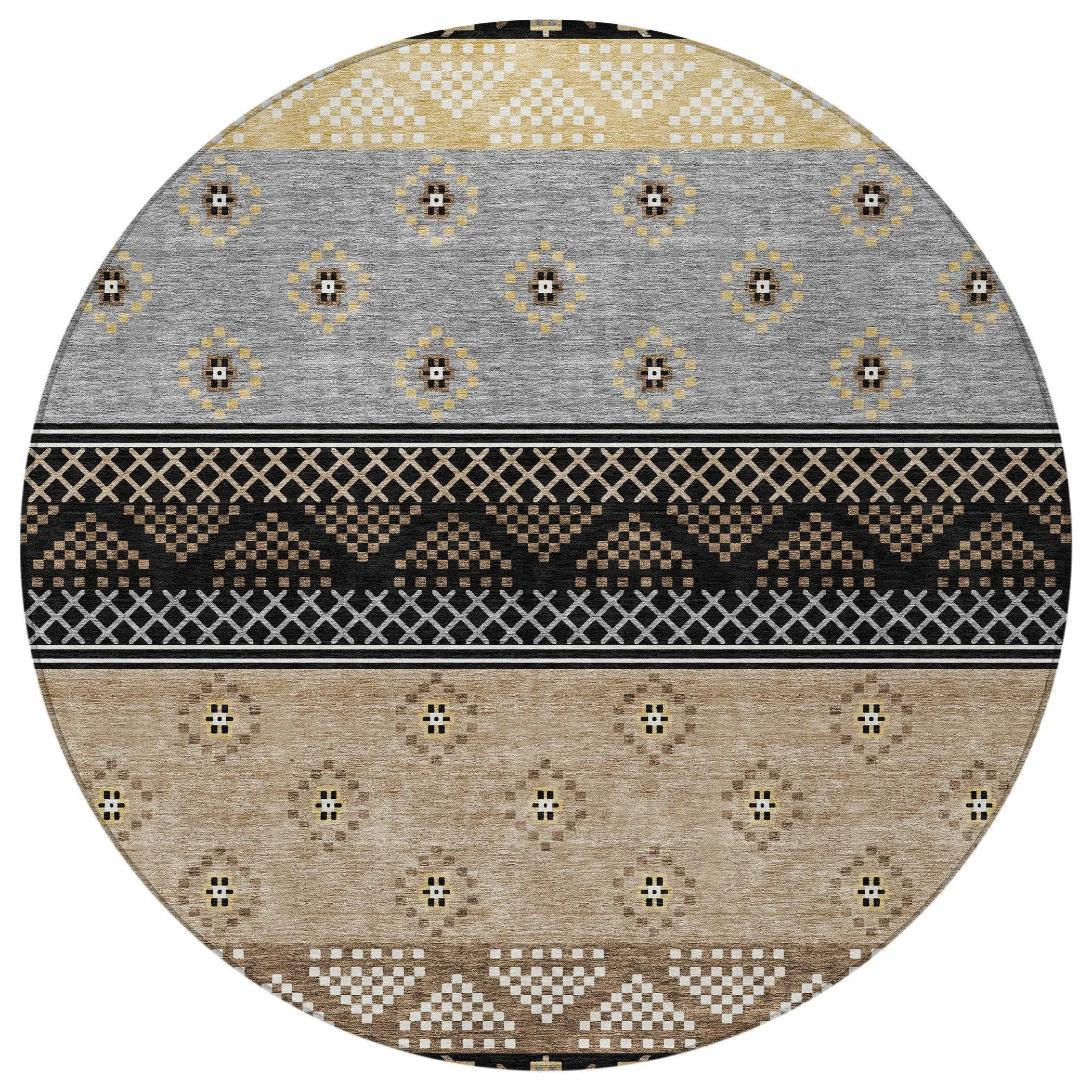 8' Black And Beige Round Striped Washable Indoor Outdoor Area Rug Homeroots Outdoor