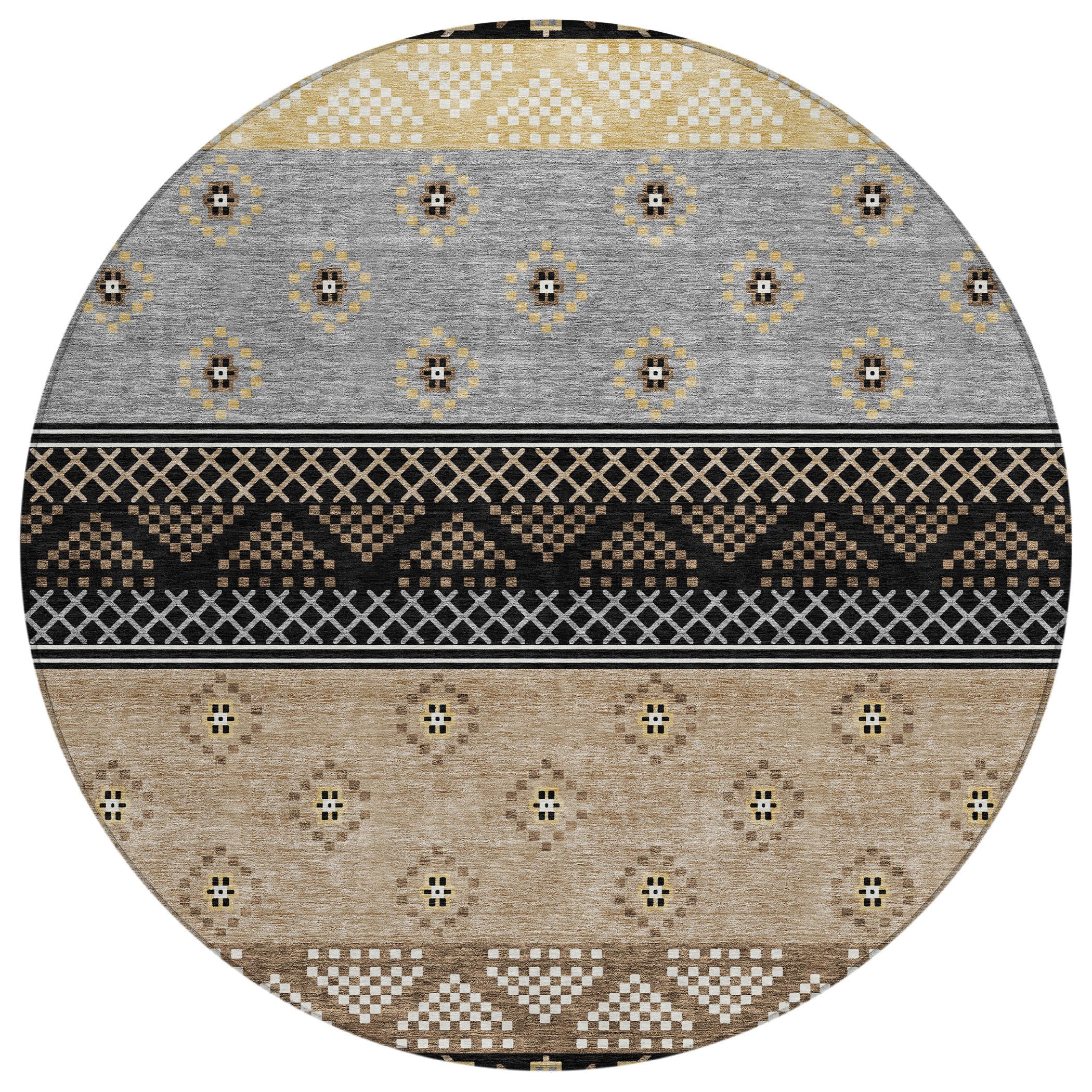 8' Black And Beige Round Striped Washable Indoor Outdoor Area Rug Homeroots Outdoor