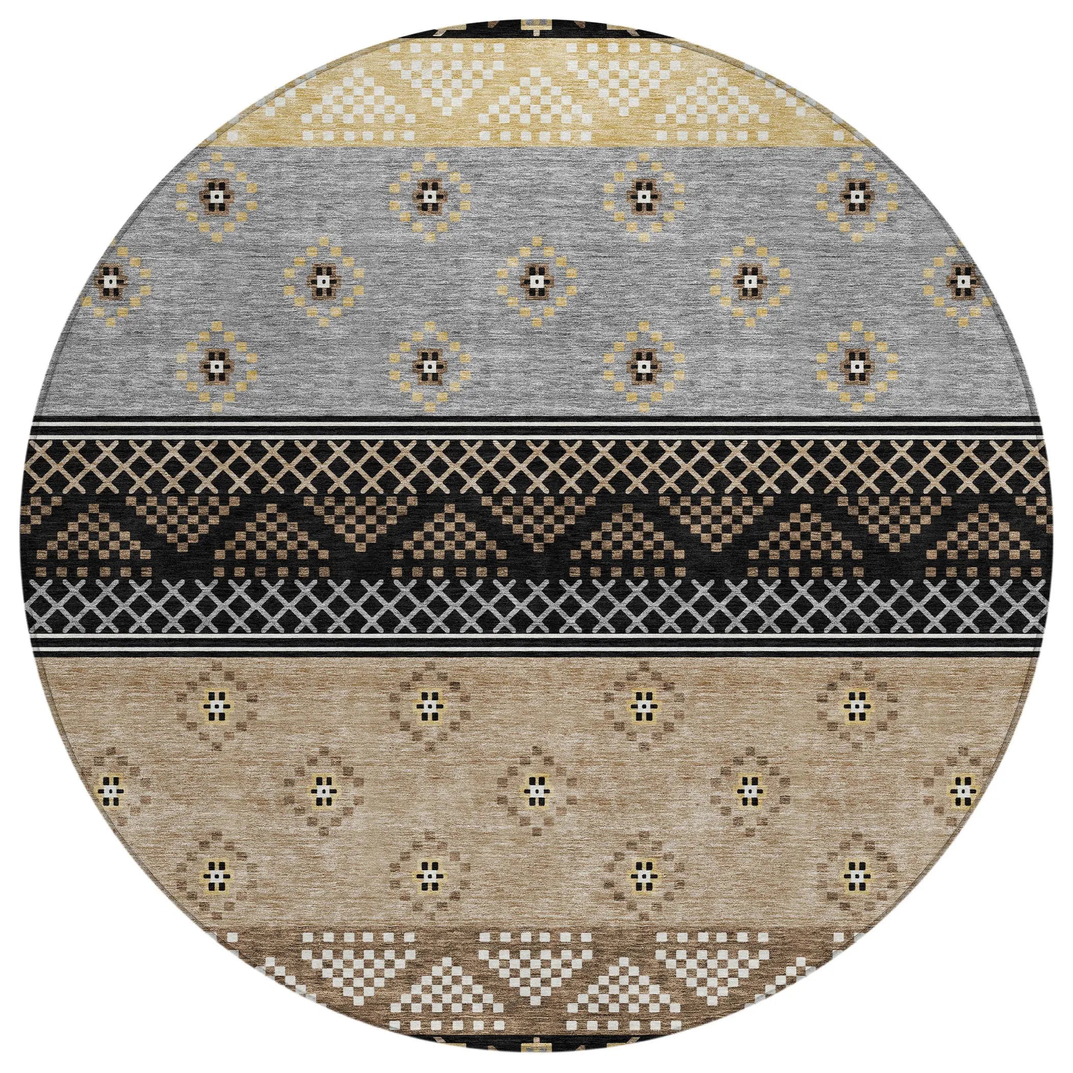 8' Black And Beige Round Striped Washable Indoor Outdoor Area Rug Homeroots Outdoor