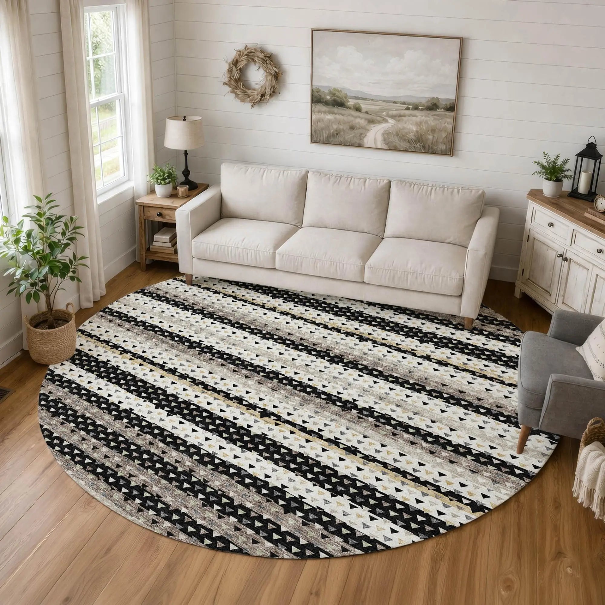8' Black And Beige Round Striped Washable Indoor Outdoor Area Rug Homeroots Outdoor