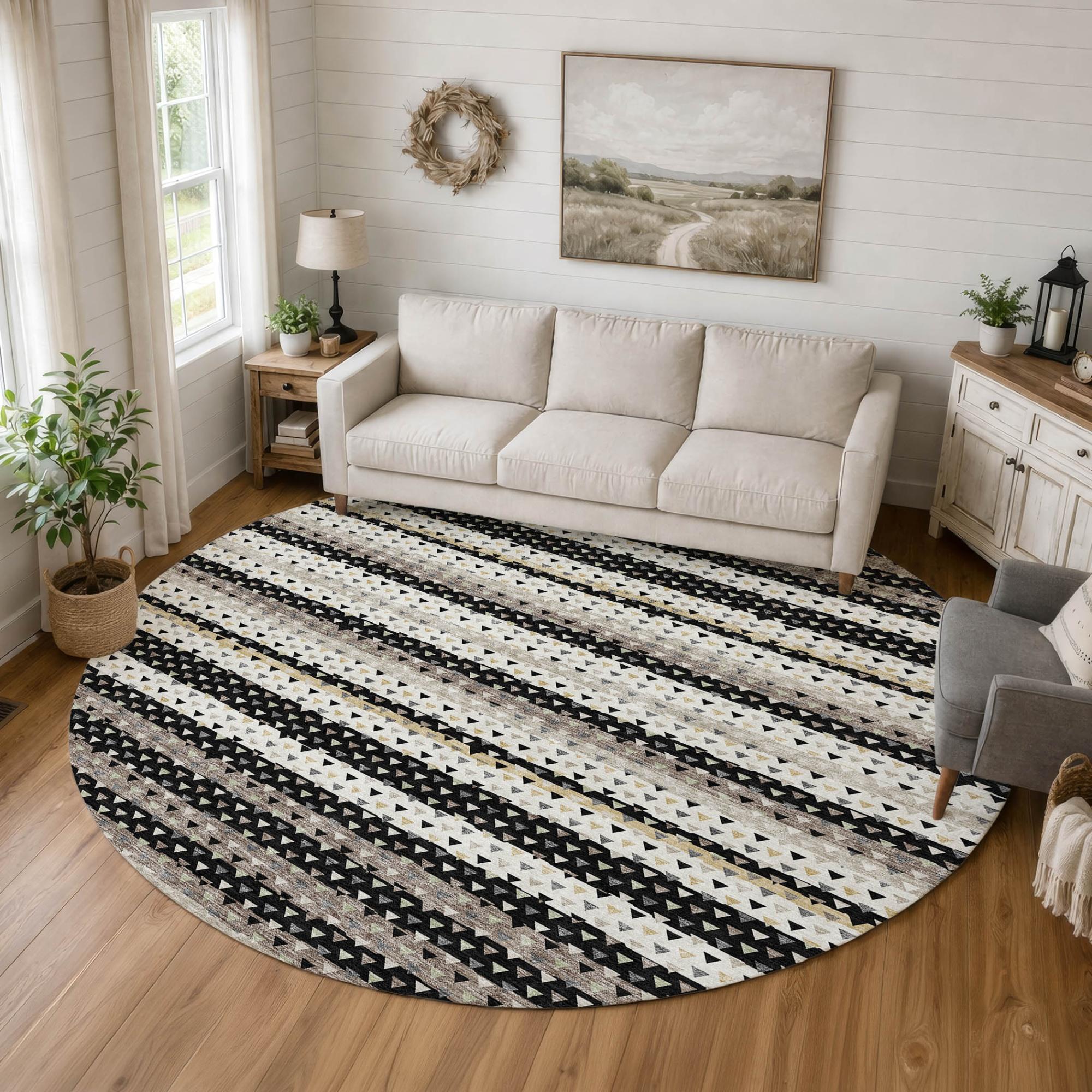 8' Black And Beige Round Striped Washable Indoor Outdoor Area Rug Homeroots Outdoor
