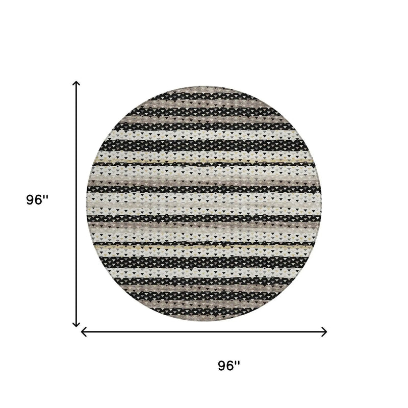 8' Black And Beige Round Striped Washable Indoor Outdoor Area Rug Homeroots Outdoor