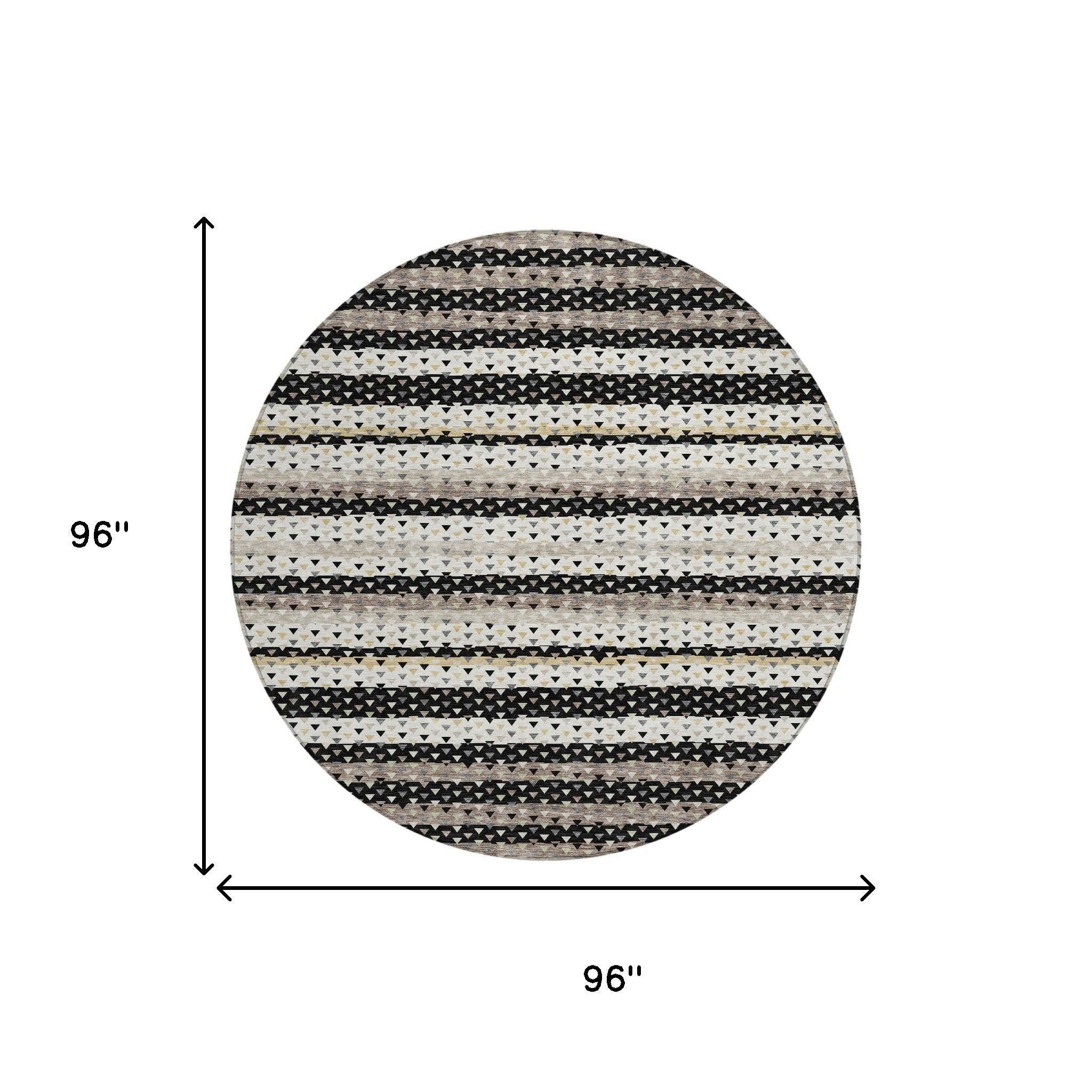 8' Black And Beige Round Striped Washable Indoor Outdoor Area Rug Homeroots Outdoor