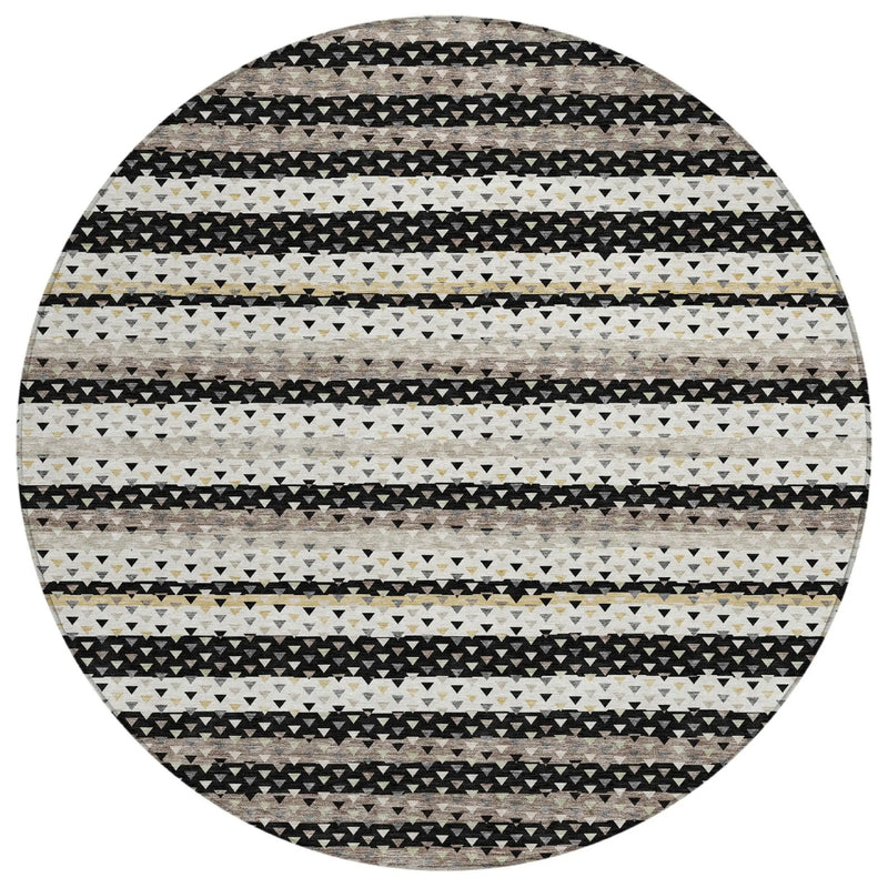 8' Black And Beige Round Striped Washable Indoor Outdoor Area Rug Homeroots Outdoor