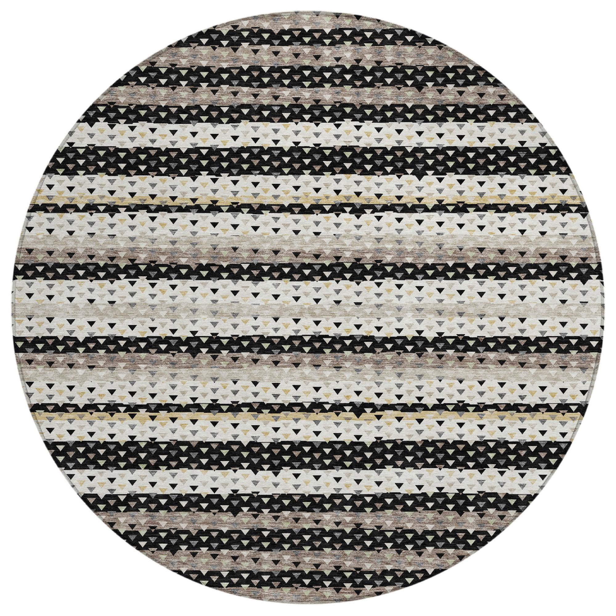 8' Black And Beige Round Striped Washable Indoor Outdoor Area Rug Homeroots Outdoor
