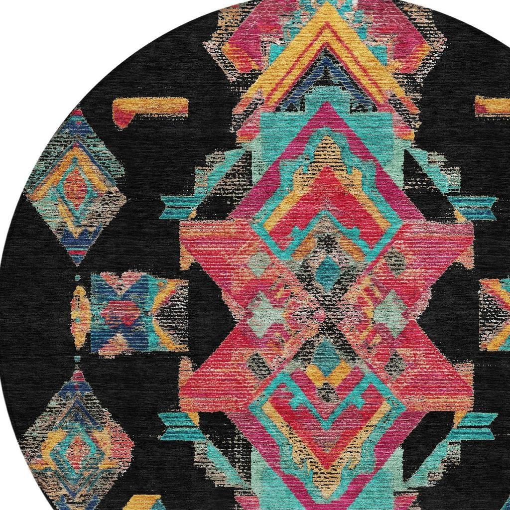 8' Black And Beige Round Tribal Washable Indoor Outdoor Area Rug Homeroots Outdoor