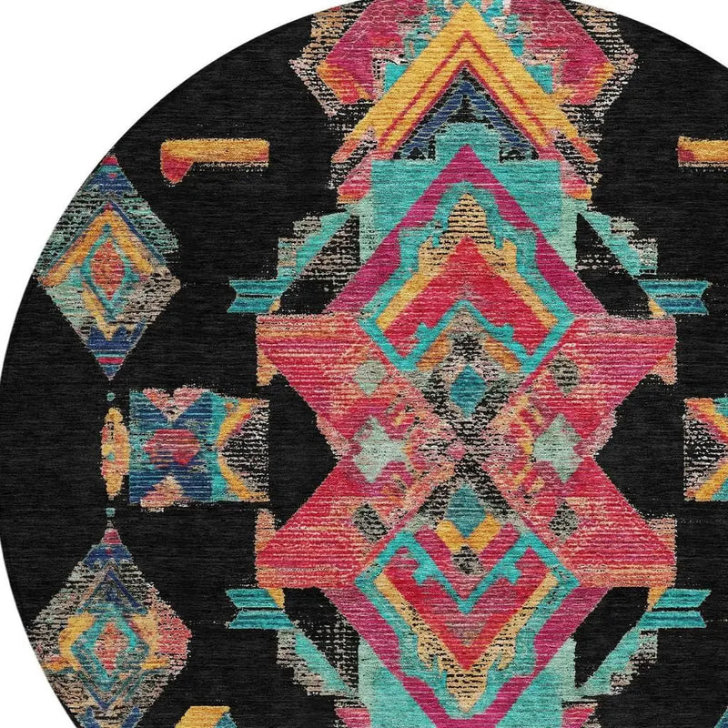 8' Black And Beige Round Tribal Washable Indoor Outdoor Area Rug Homeroots Outdoor