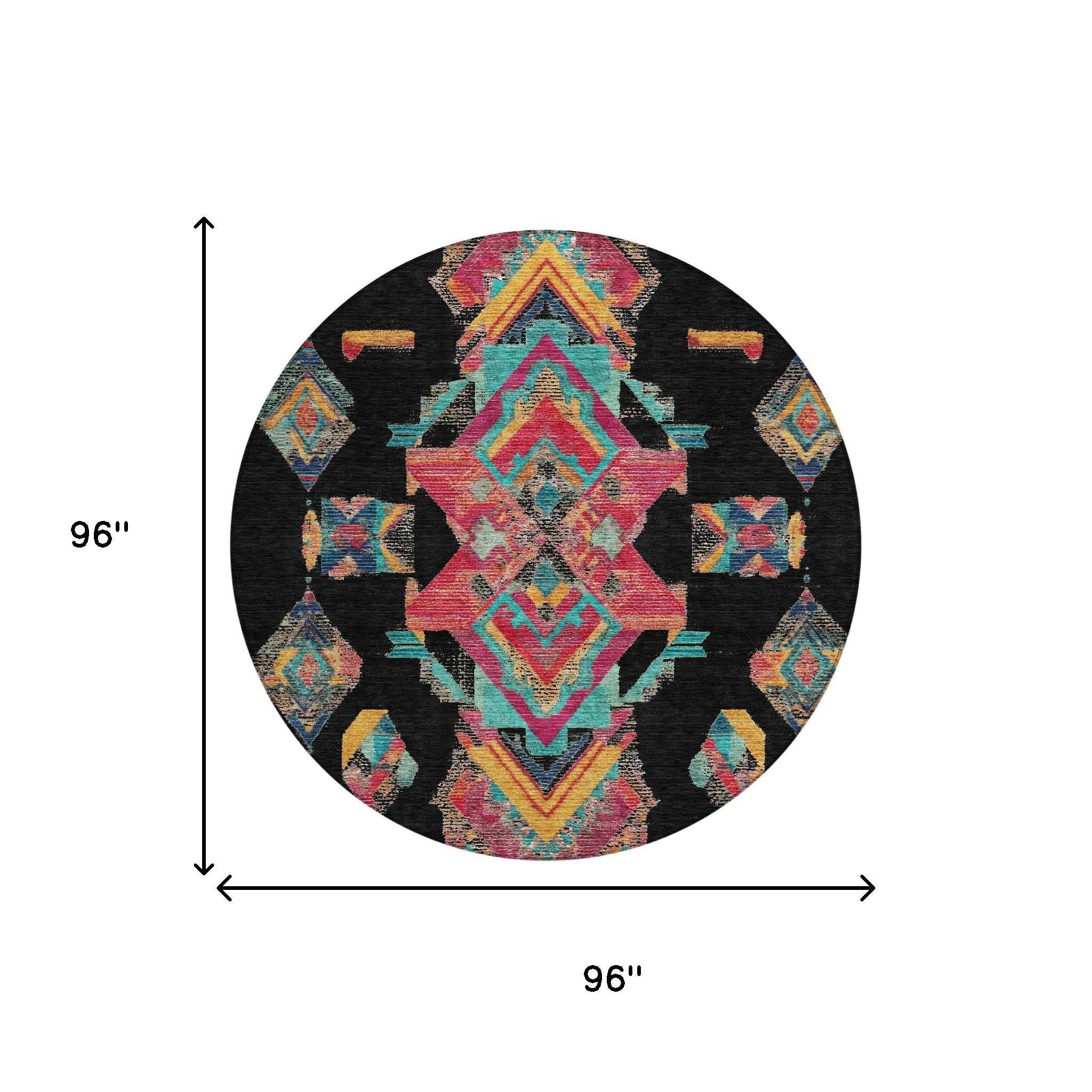 8' Black And Beige Round Tribal Washable Indoor Outdoor Area Rug Homeroots Outdoor