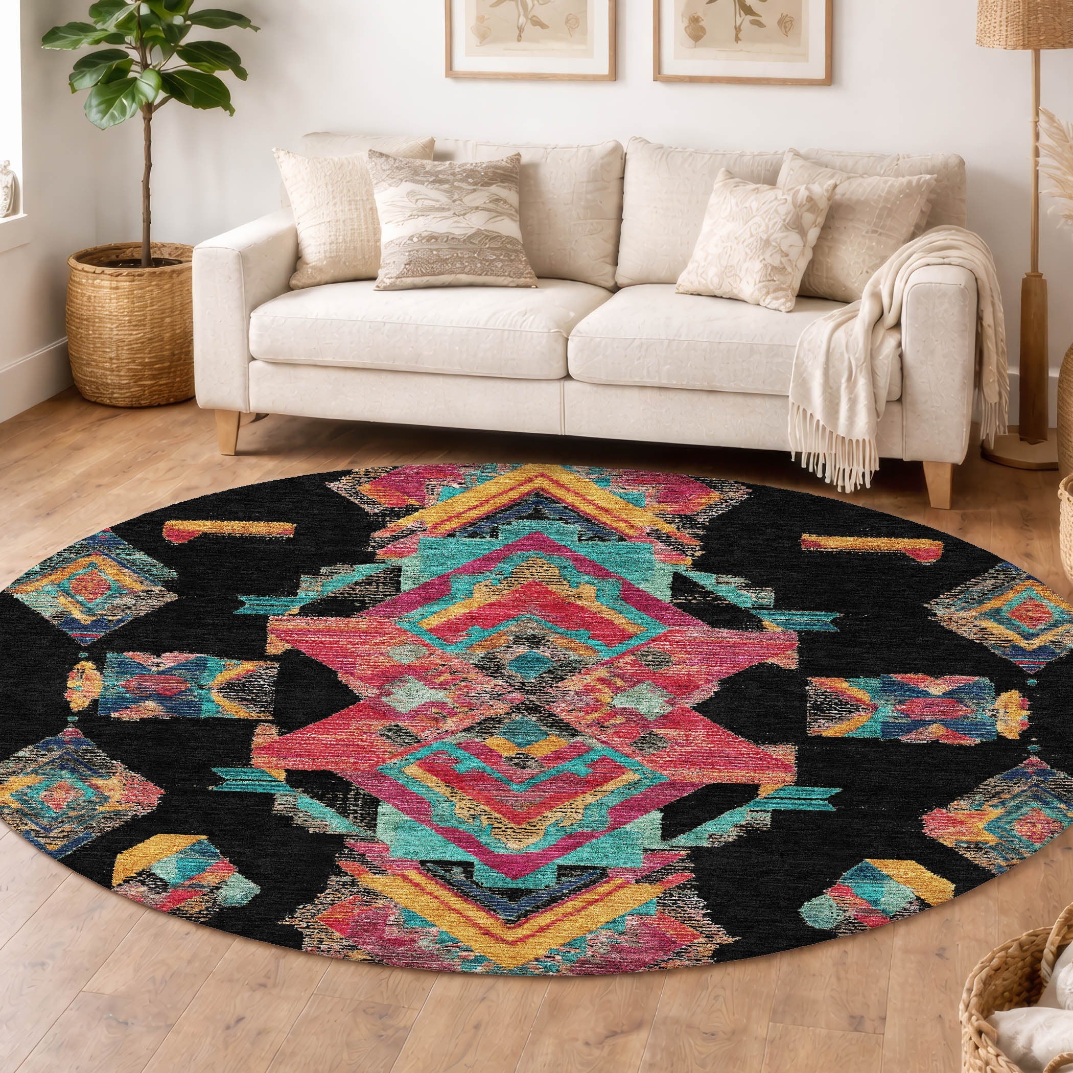 8' Black And Beige Round Tribal Washable Indoor Outdoor Area Rug Homeroots Outdoor