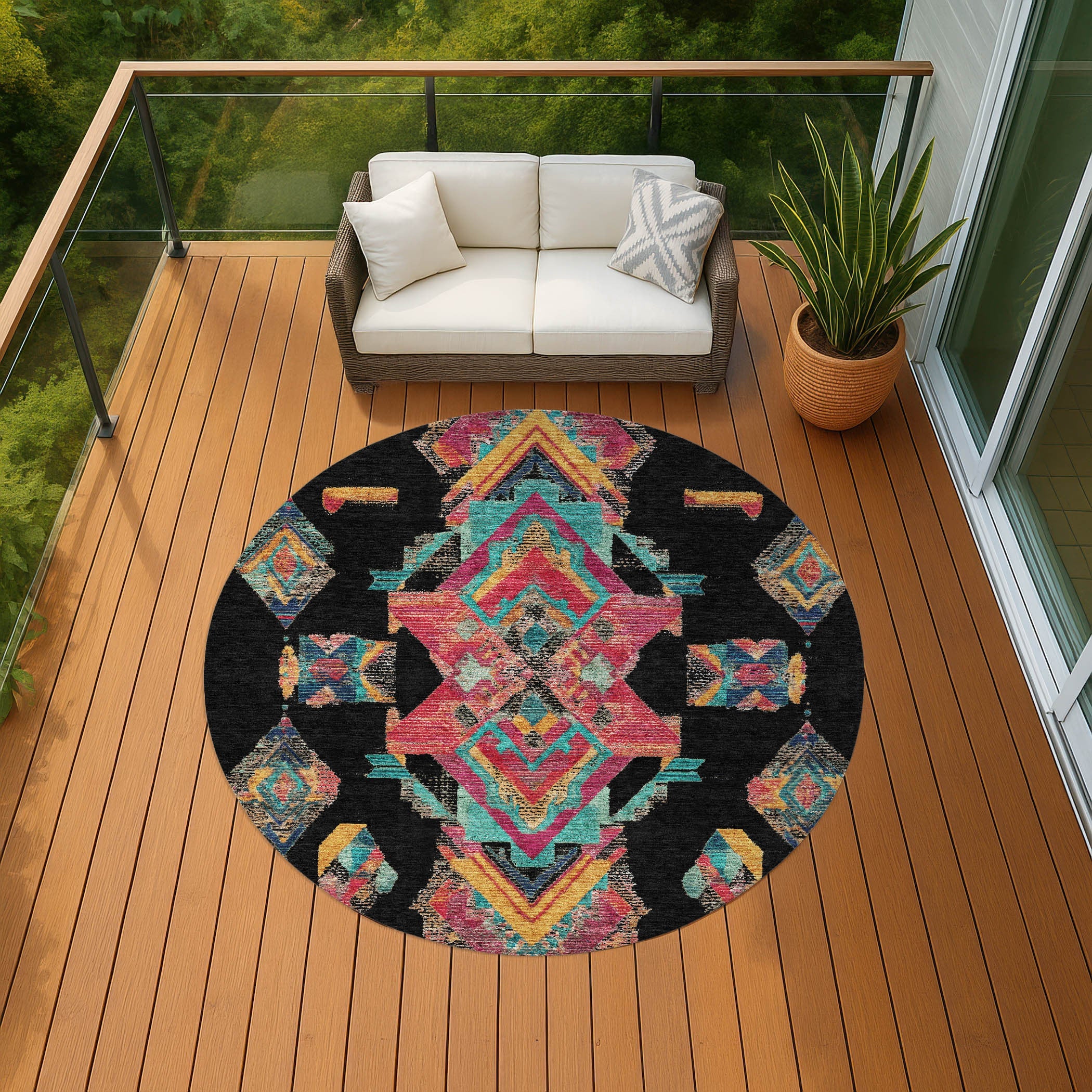 8' Black And Beige Round Tribal Washable Indoor Outdoor Area Rug Homeroots Outdoor