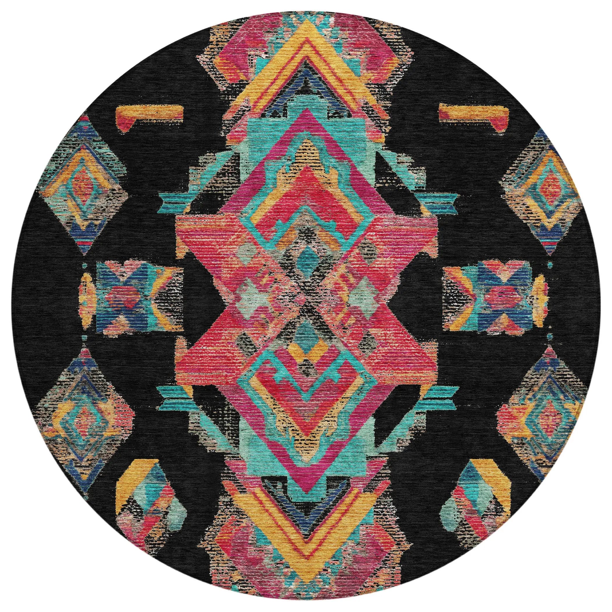 8' Black And Beige Round Tribal Washable Indoor Outdoor Area Rug Homeroots Outdoor