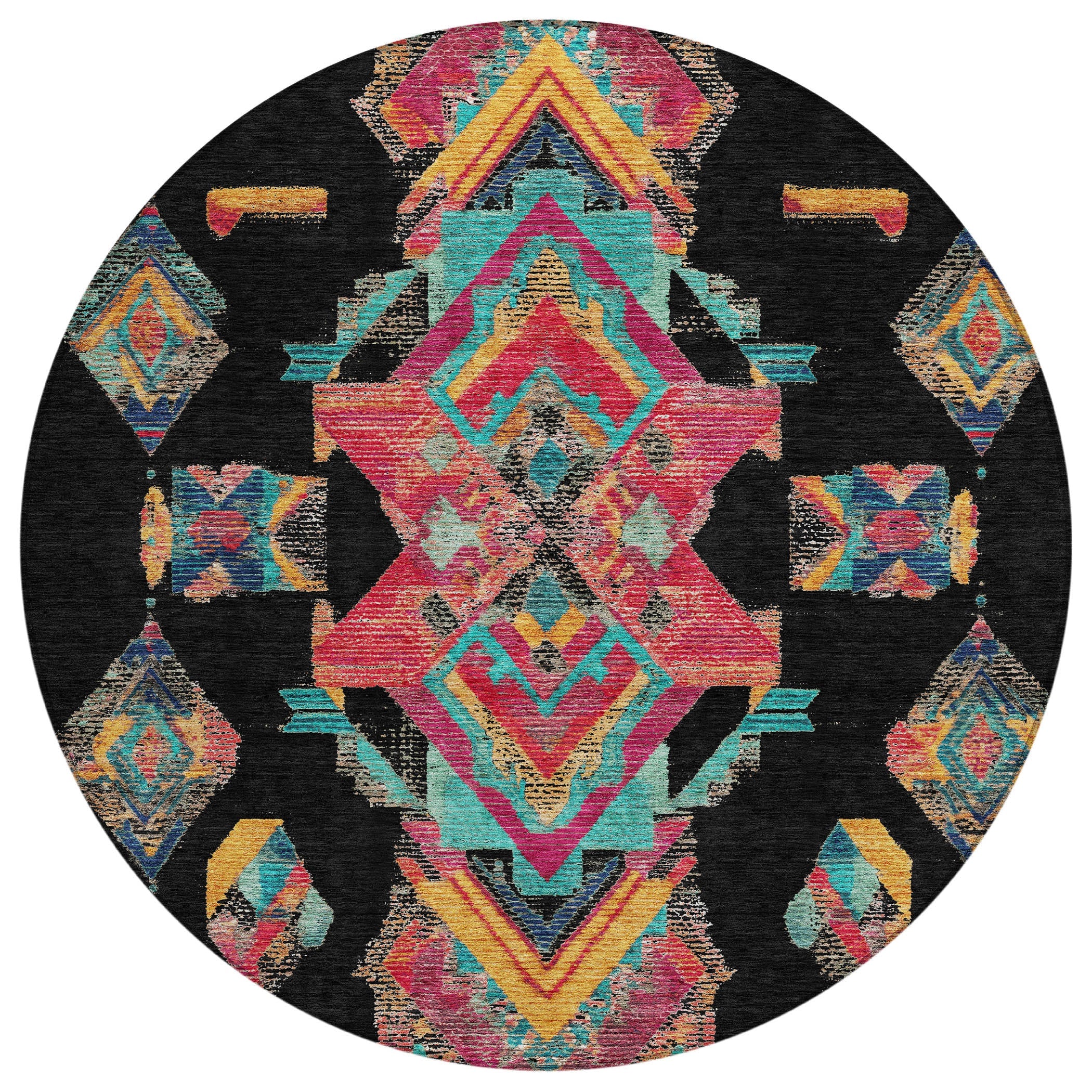 8' Black And Beige Round Tribal Washable Indoor Outdoor Area Rug Homeroots Outdoor