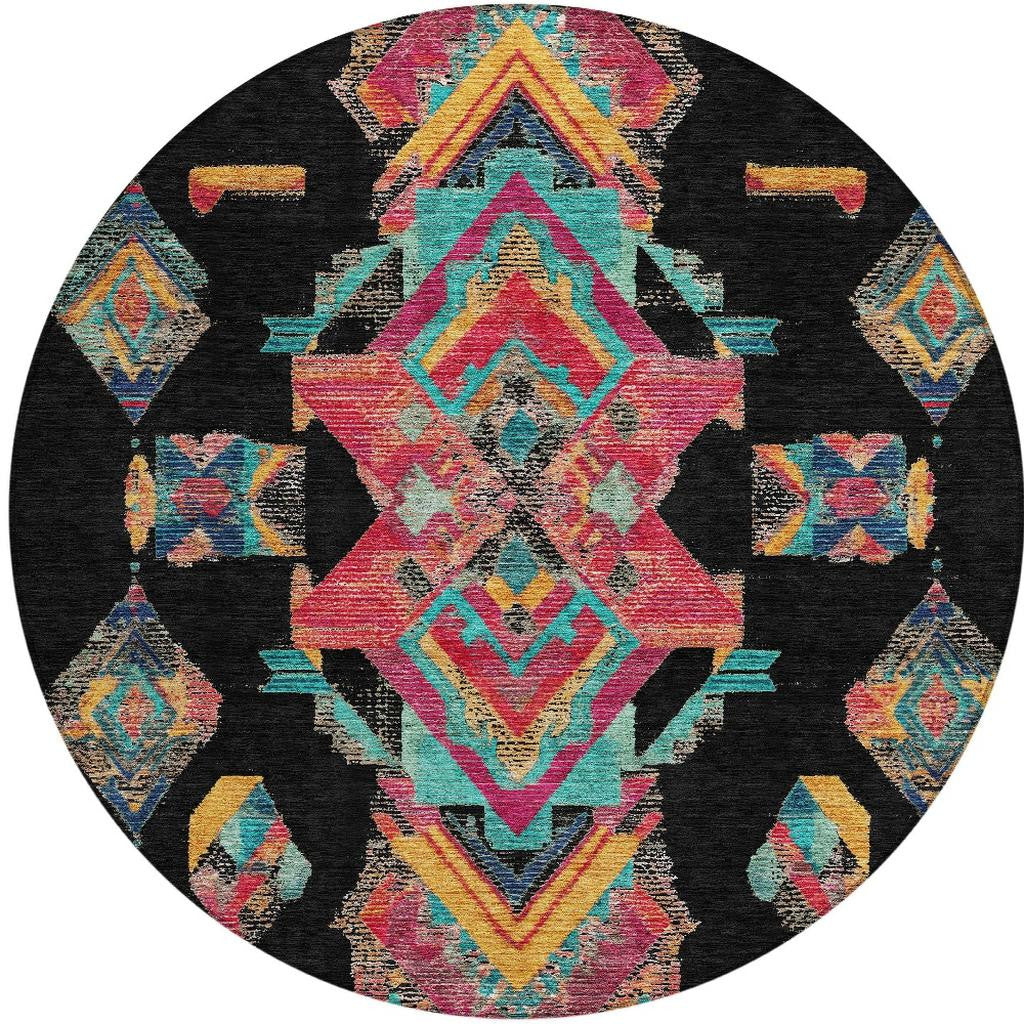 8' Black And Beige Round Tribal Washable Indoor Outdoor Area Rug Homeroots Outdoor