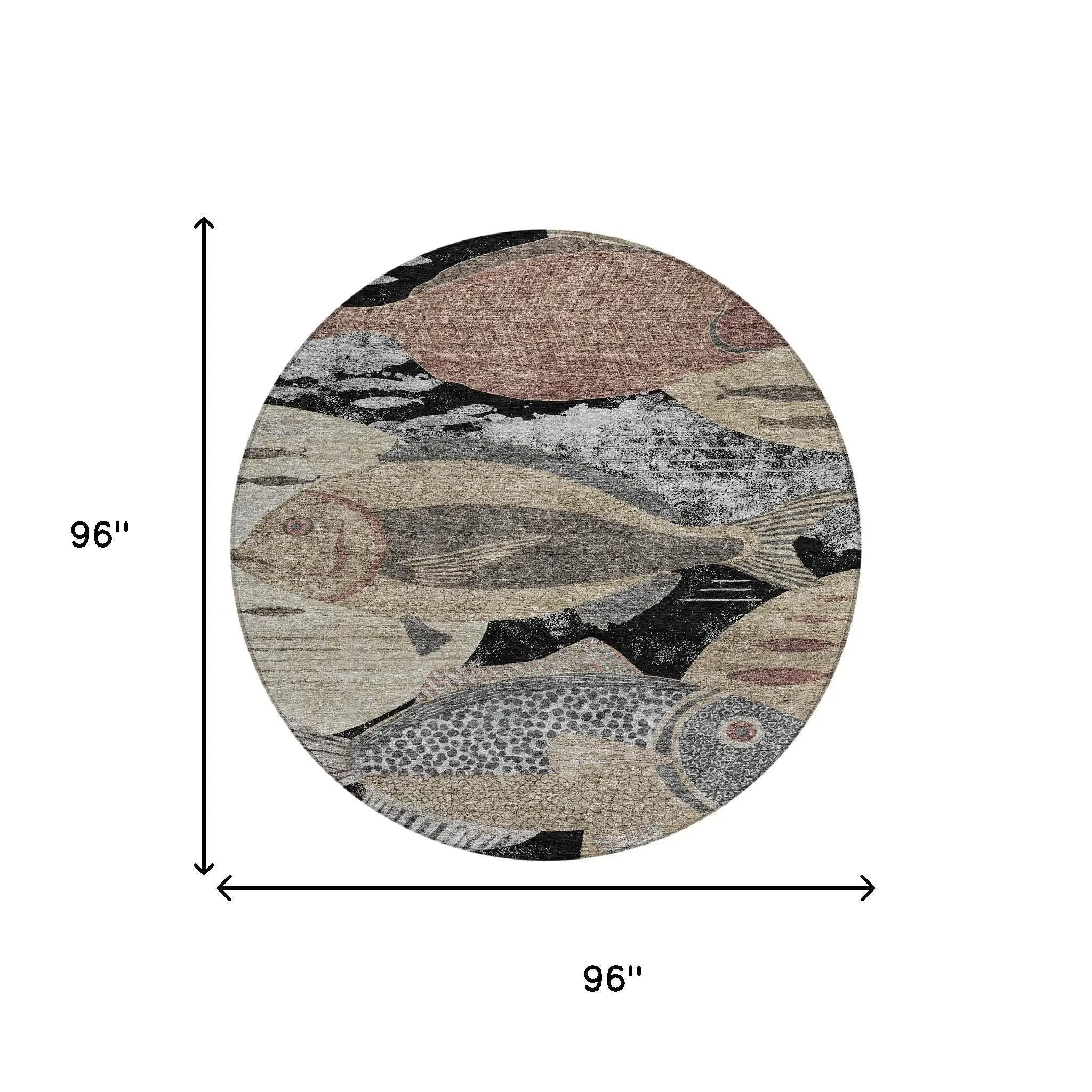 8' Black And Beige Round Tropical Fish Washable Indoor Outdoor Area Rug Homeroots Outdoor