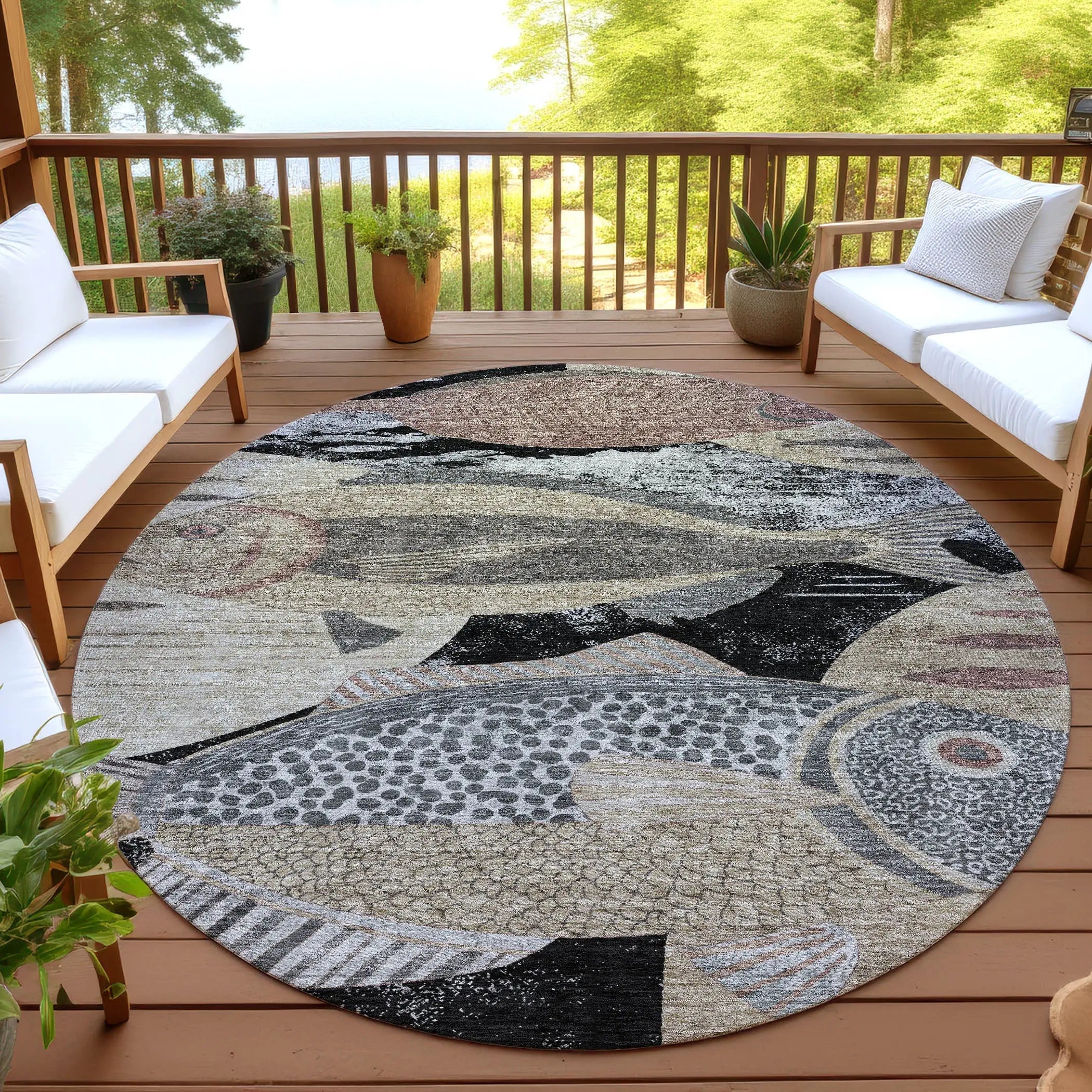 8' Black And Beige Round Tropical Fish Washable Indoor Outdoor Area Rug Homeroots Outdoor