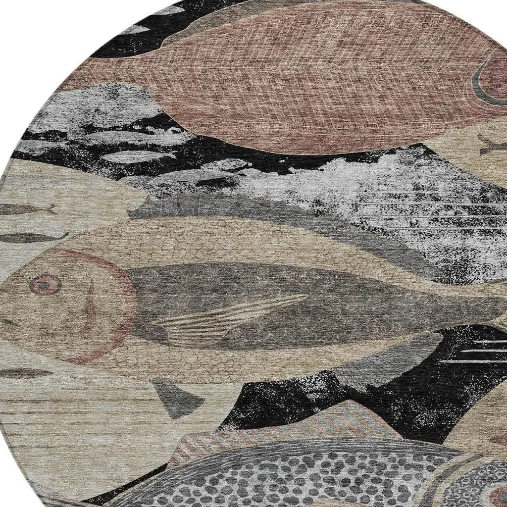 8' Black And Beige Round Tropical Fish Washable Indoor Outdoor Area Rug Homeroots Outdoor