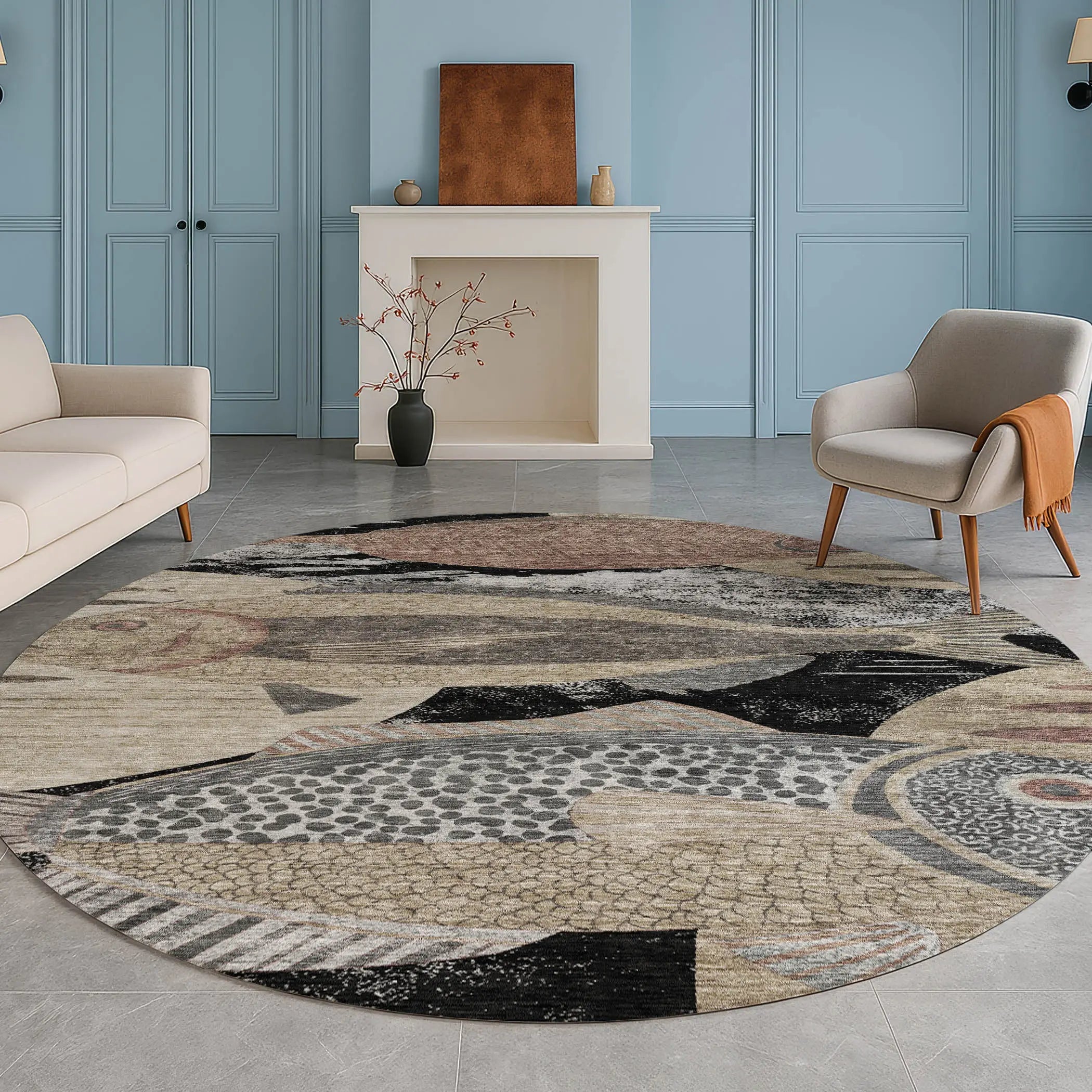 8' Black And Beige Round Tropical Fish Washable Indoor Outdoor Area Rug Homeroots Outdoor