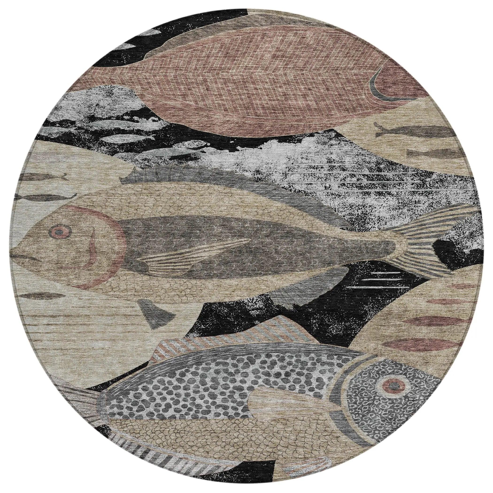 8' Black And Beige Round Tropical Fish Washable Indoor Outdoor Area Rug Homeroots Outdoor