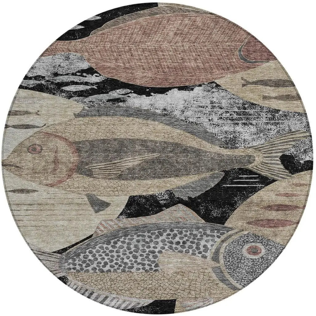 8' Black And Beige Round Tropical Fish Washable Indoor Outdoor Area Rug Homeroots Outdoor