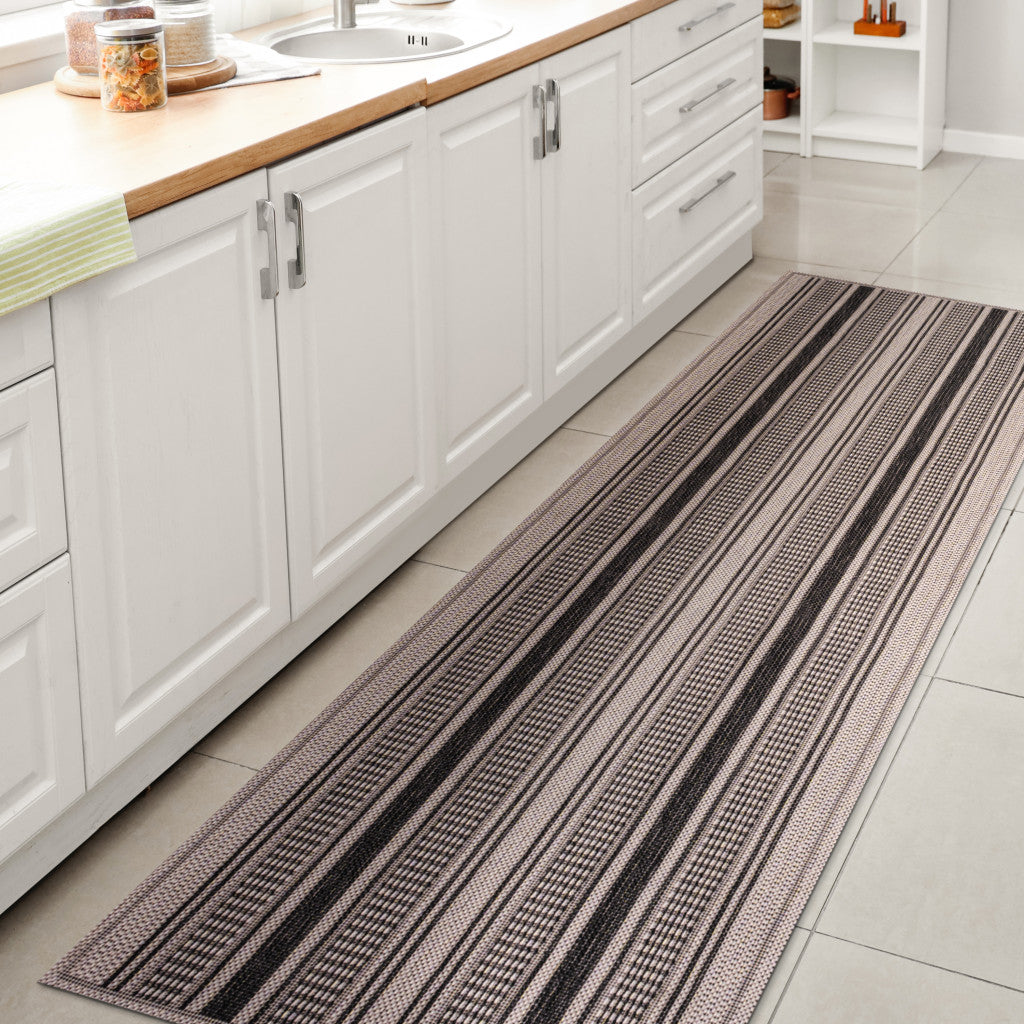 8' Black And Beige Striped Indoor Outdoor Runner Rug - GreatEagleInc