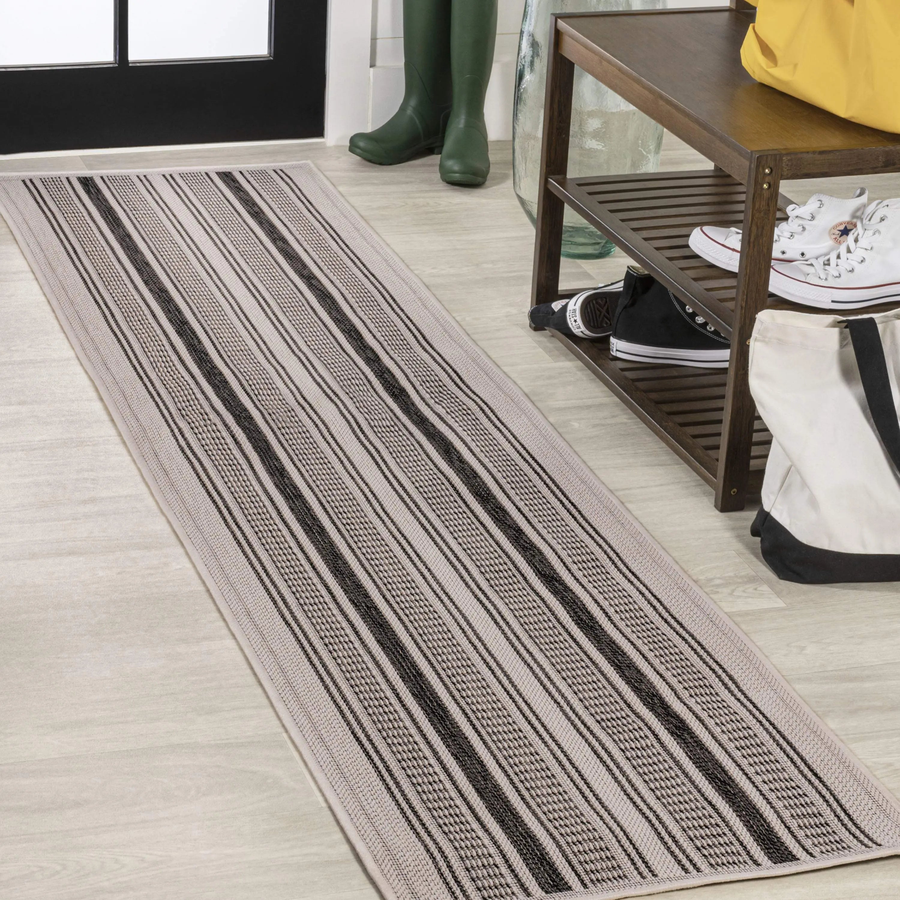 8' Black And Beige Striped Indoor Outdoor Runner Rug - GreatEagleInc